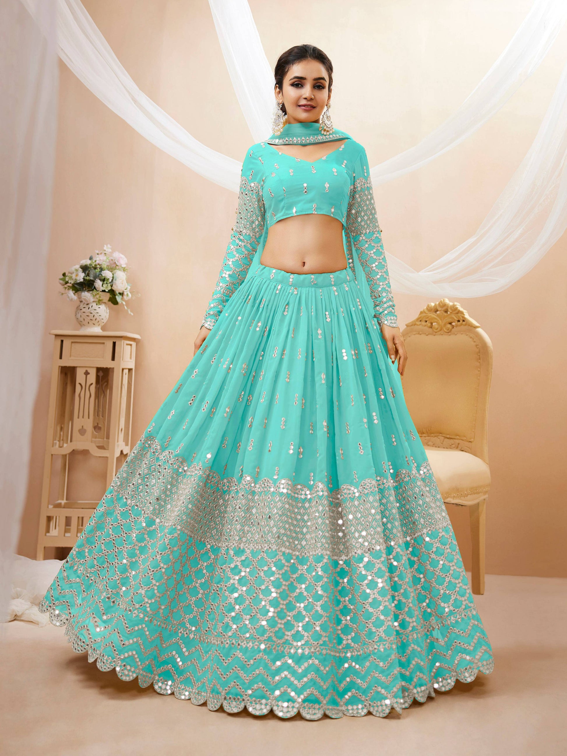 Jyoti Fashion Women's Sky Blue Georgette Sequins Zari Embroidered Lehenga Choli & Dupatta | Swadesiicart