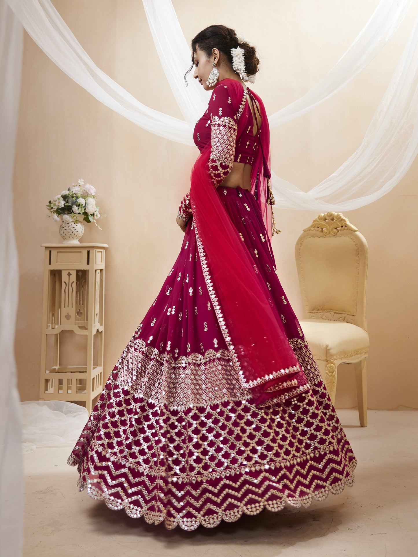 Jyoti Fashion Women's Hot Pink Georgette Sequins Zari Embroidered Lehenga Choli & Dupatta | Swadesiicart