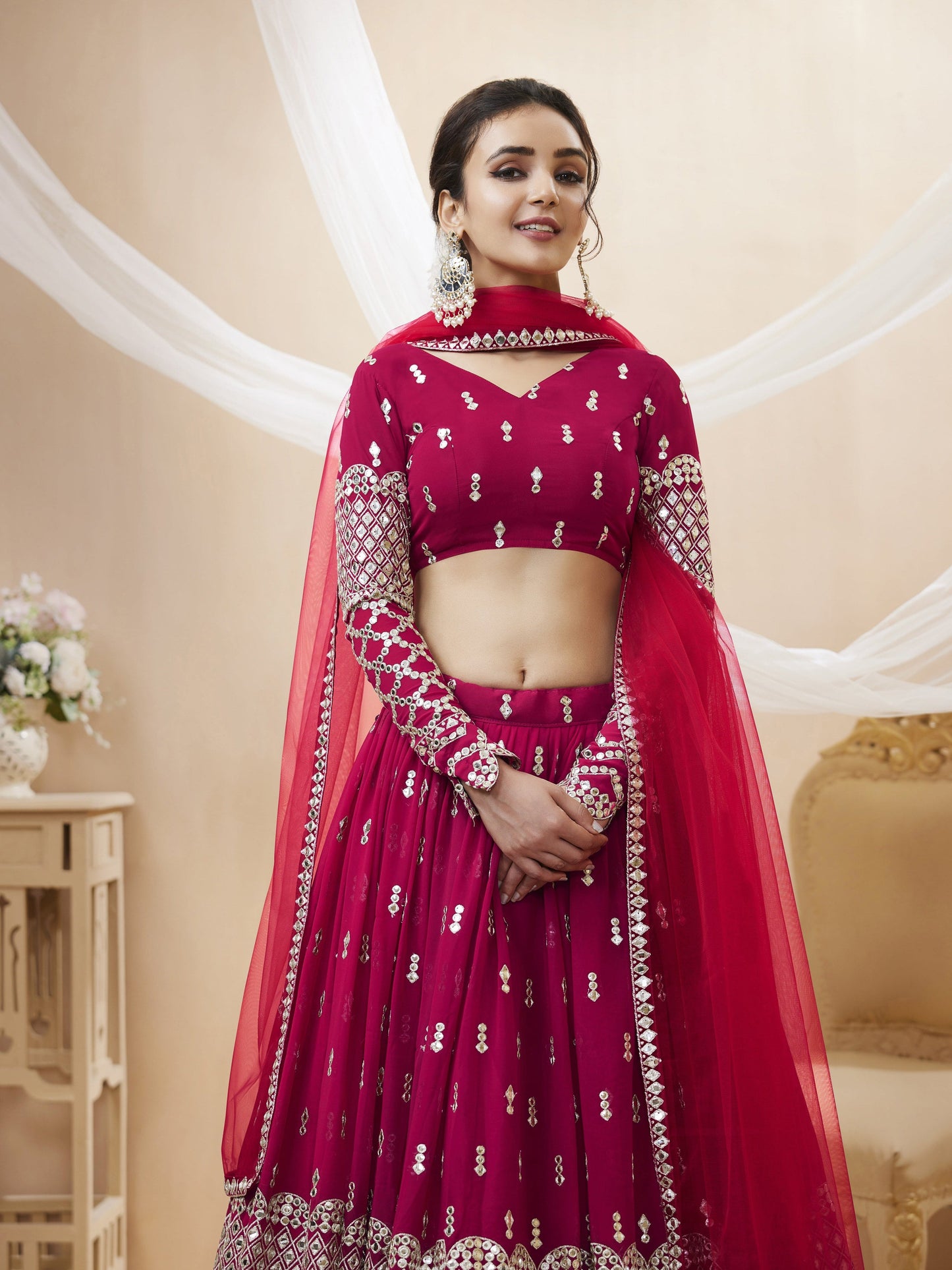Jyoti Fashion Women's Hot Pink Georgette Sequins Zari Embroidered Lehenga Choli & Dupatta | Swadesiicart