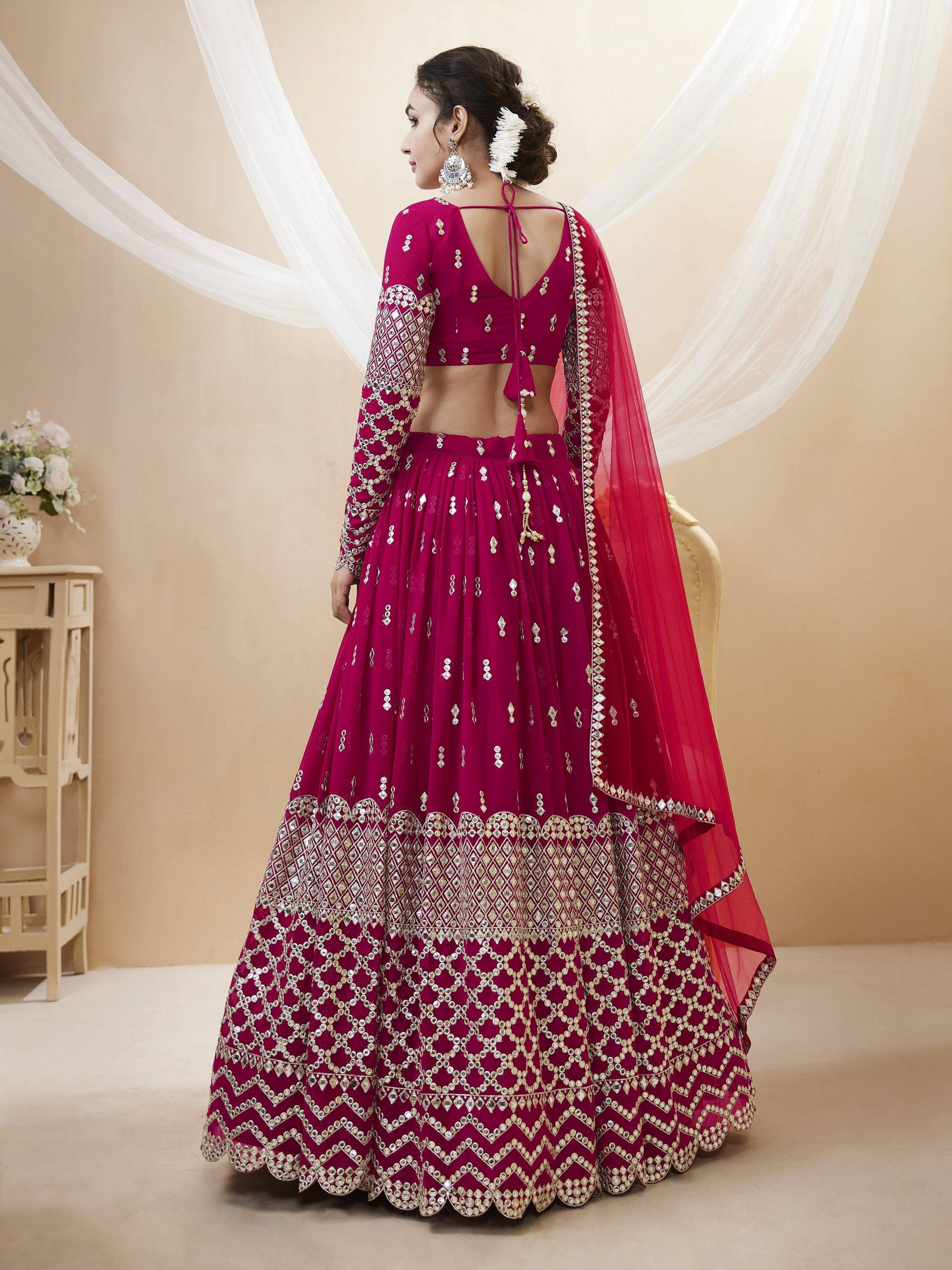 Jyoti Fashion Women's Hot Pink Georgette Sequins Zari Embroidered Lehenga Choli & Dupatta | Swadesiicart