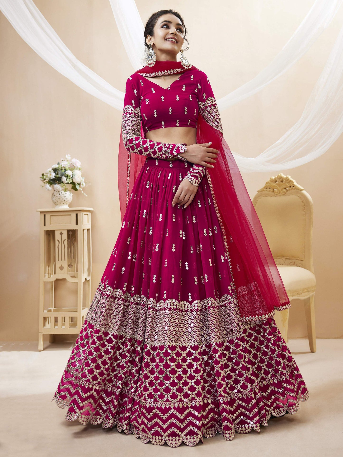 Jyoti Fashion Women's Hot Pink Georgette Sequins Zari Embroidered Lehenga Choli & Dupatta | Swadesiicart