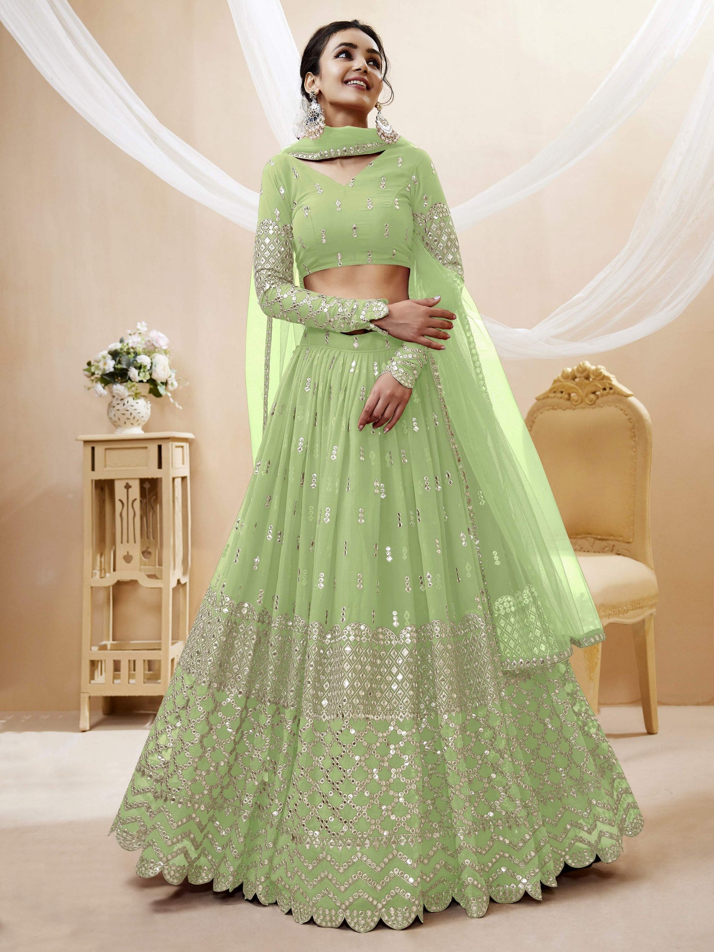 Jyoti Fashion Women's Pista Georgette Sequins Zari Embroidered Lehenga Choli & Dupatta | Swadesiicart