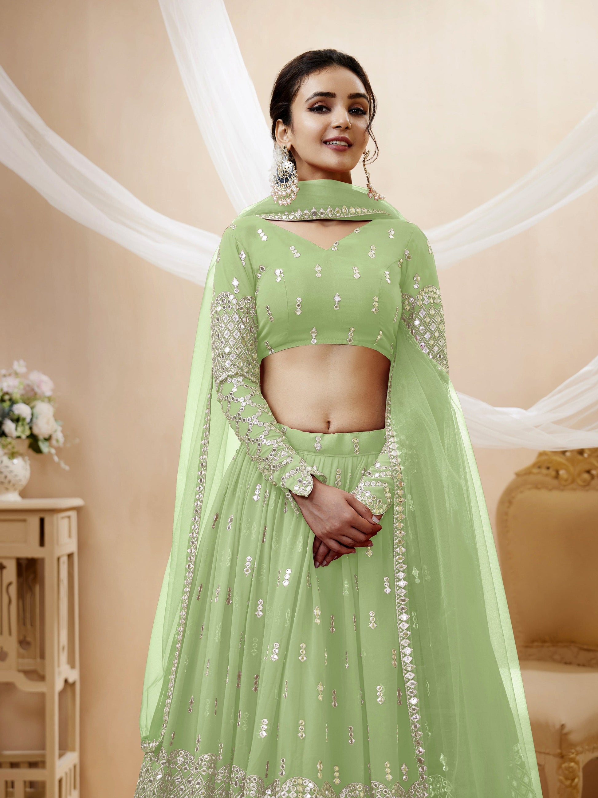 Jyoti Fashion Women's Pista Georgette Sequins Zari Embroidered Lehenga Choli & Dupatta | Swadesiicart
