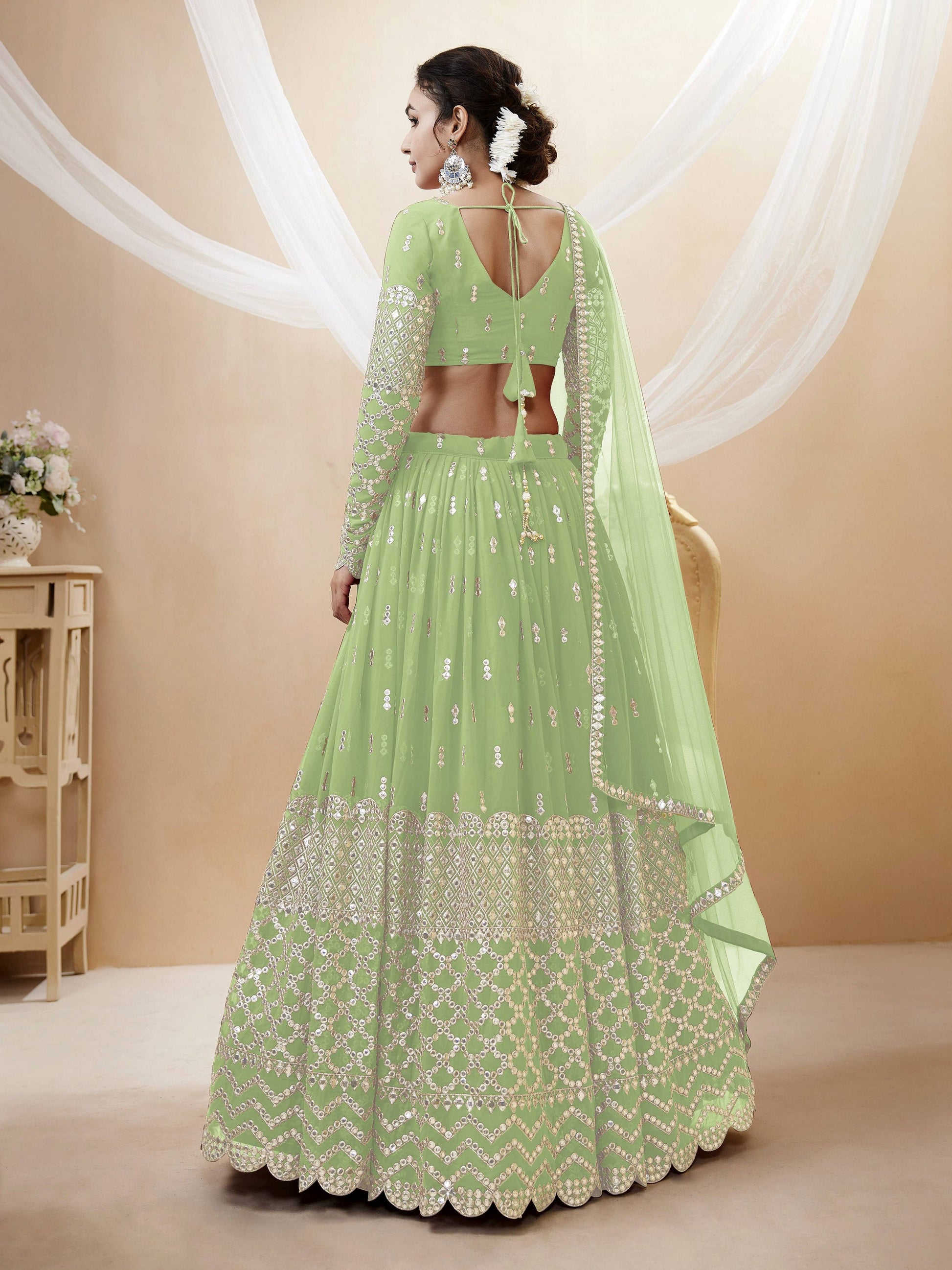 Jyoti Fashion Women's Pista Georgette Sequins Zari Embroidered Lehenga Choli & Dupatta | Swadesiicart