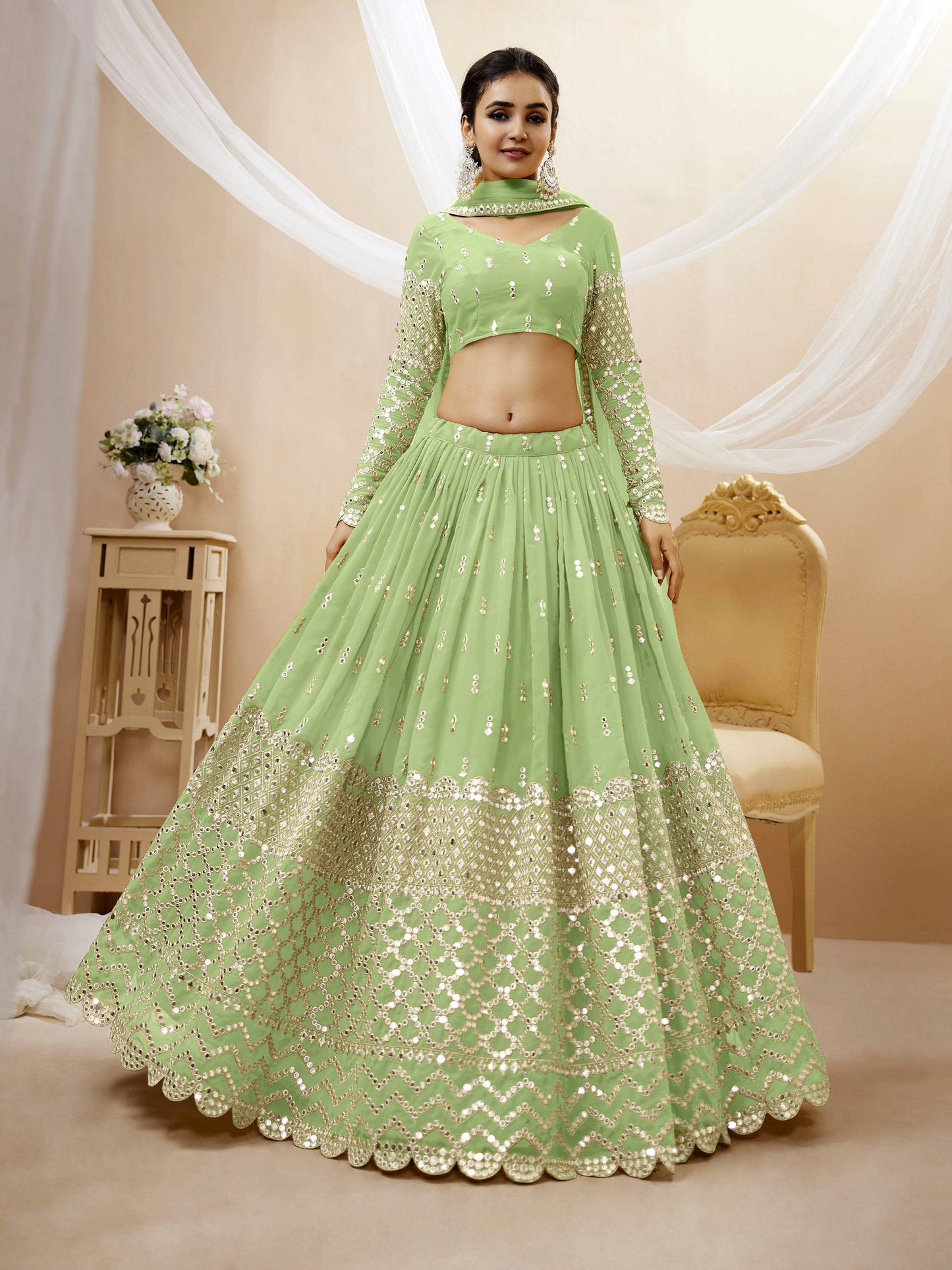 Jyoti Fashion Women's Pista Georgette Sequins Zari Embroidered Lehenga Choli & Dupatta | Swadesiicart
