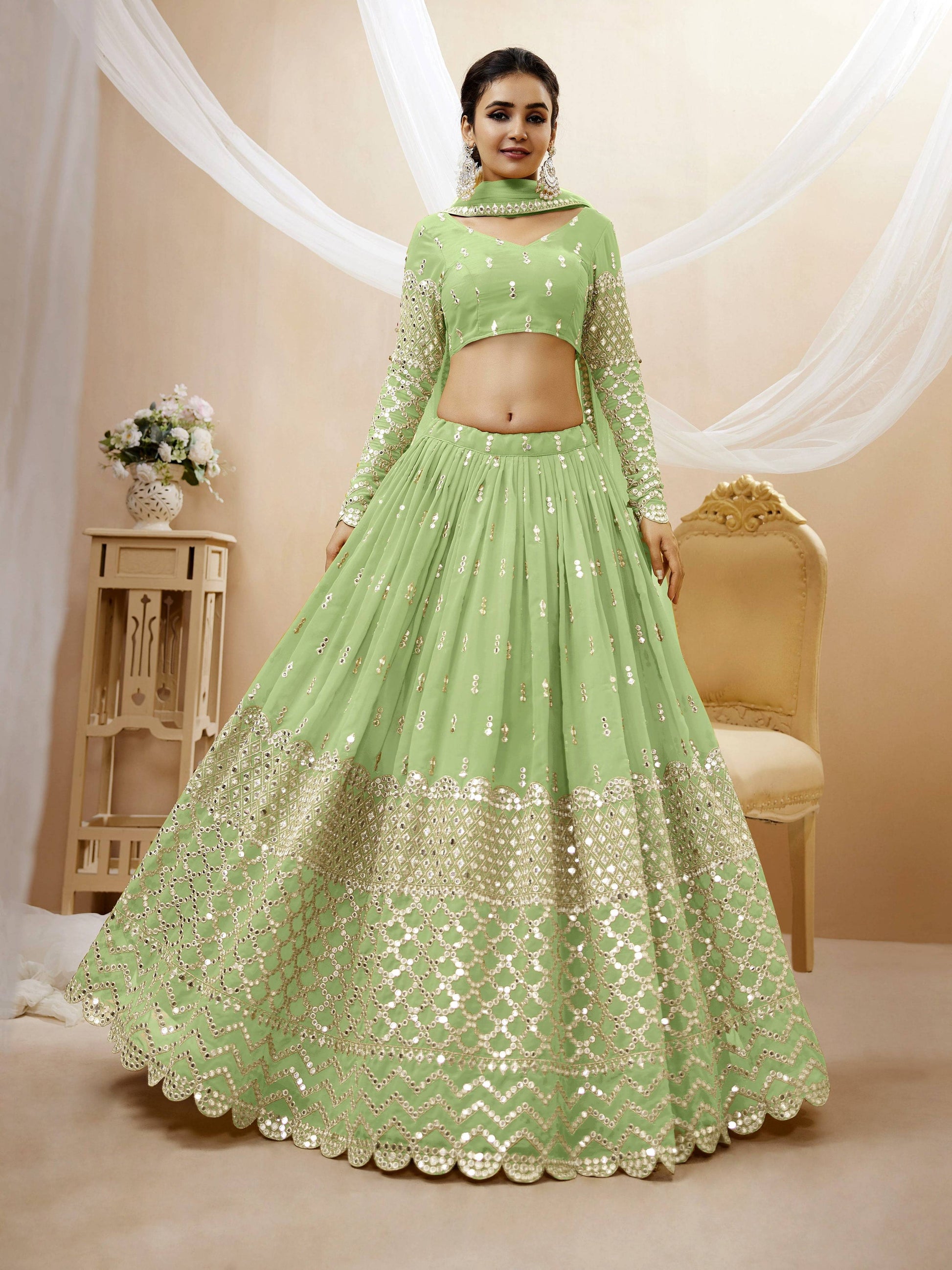 Jyoti Fashion Women's Pista Georgette Sequins Zari Embroidered Lehenga Choli & Dupatta | Swadesiicart