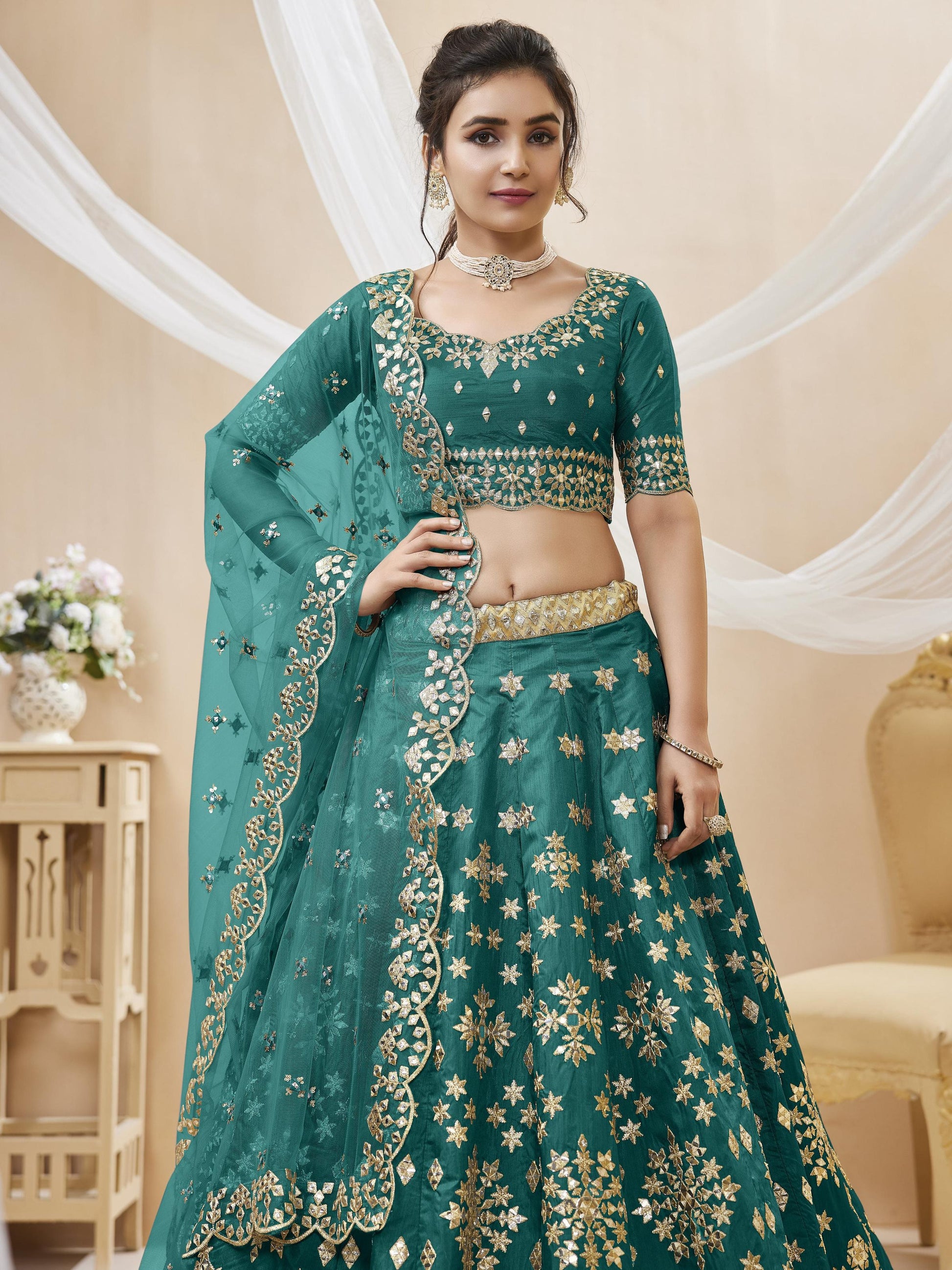 Jyoti Fashion Women's Green Art Silk Sequins with Foil & Zari Embroidered Lehenga Choli & Dupatta | Swadesiicart
