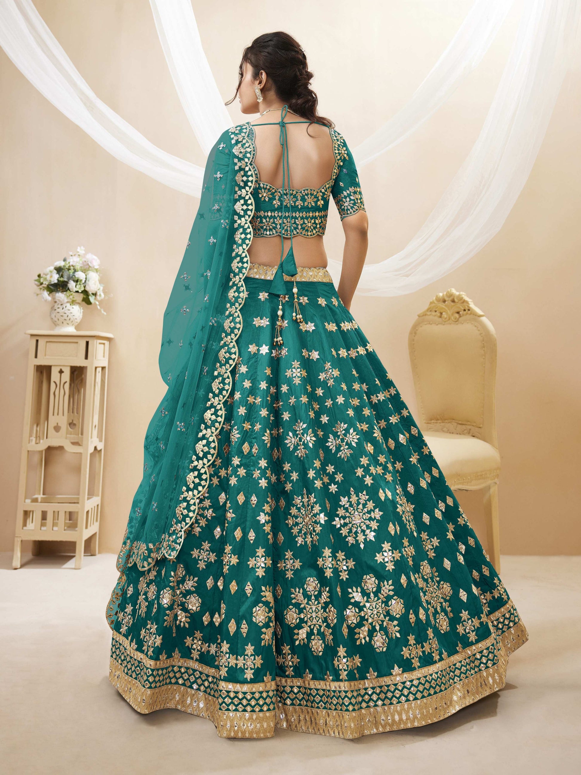 Jyoti Fashion Women's Green Art Silk Sequins with Foil & Zari Embroidered Lehenga Choli & Dupatta | Swadesiicart