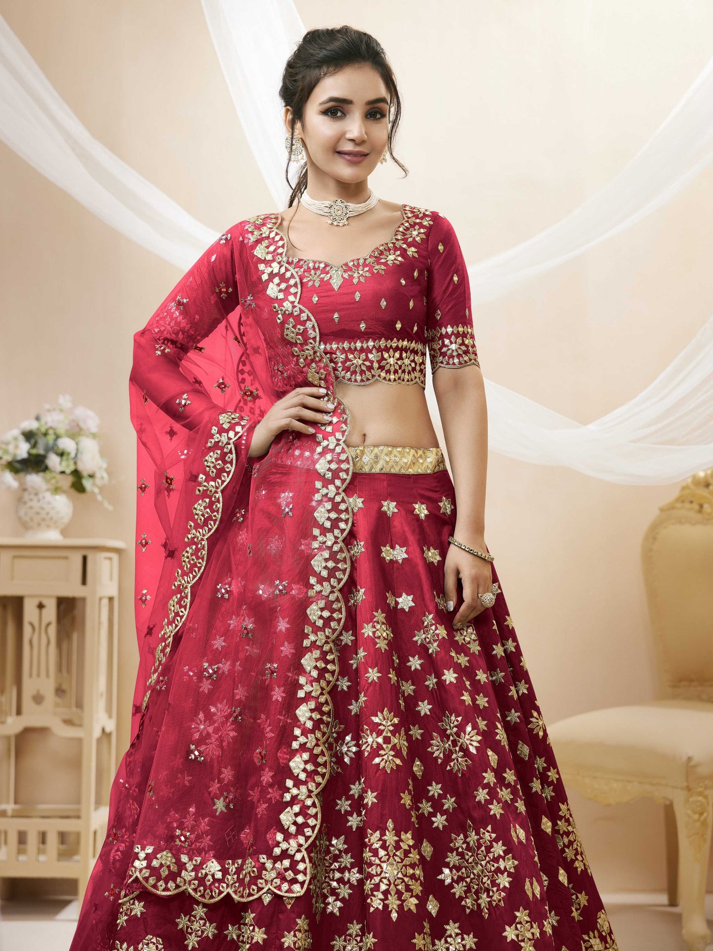 Jyoti Fashion Women's Red Art Silk Sequins with Foil & Zari Embroidered Lehenga Choli & Dupatta | Swadesiicart