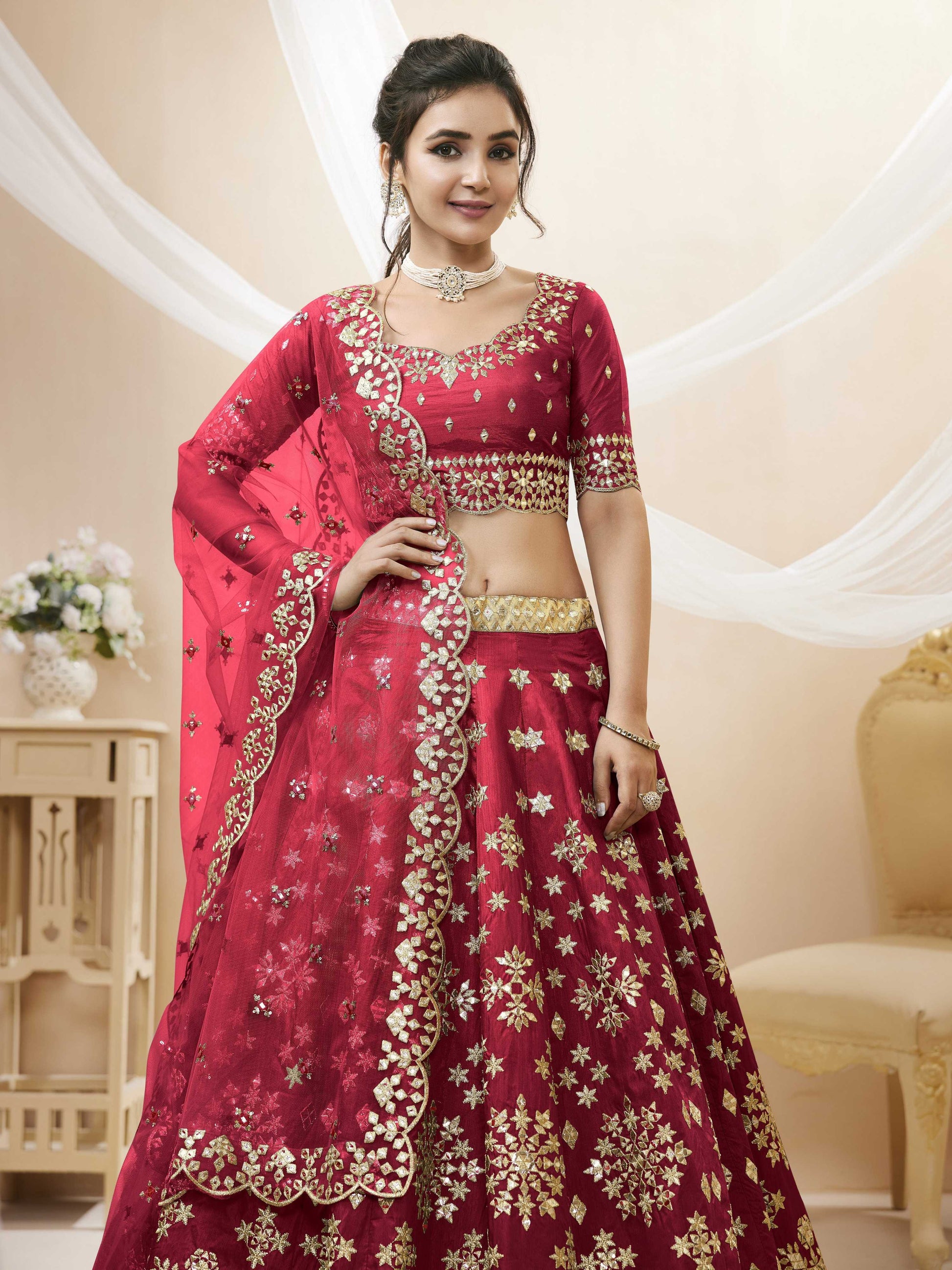Jyoti Fashion Women's Red Art Silk Sequins with Foil & Zari Embroidered Lehenga Choli & Dupatta | Swadesiicart