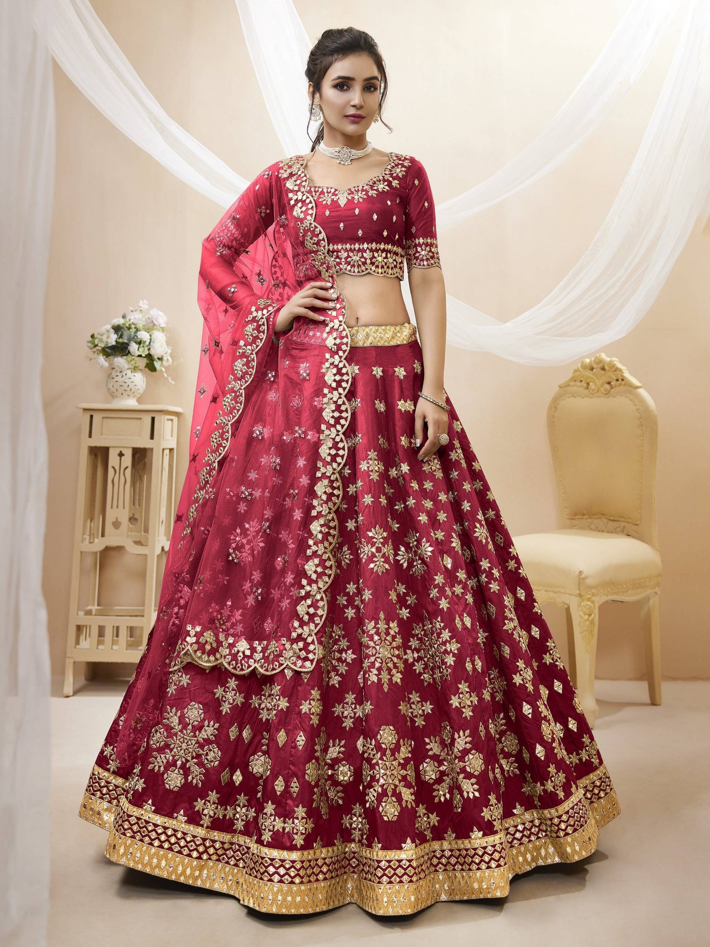 Jyoti Fashion Women's Red Art Silk Sequins with Foil & Zari Embroidered Lehenga Choli & Dupatta | Swadesiicart