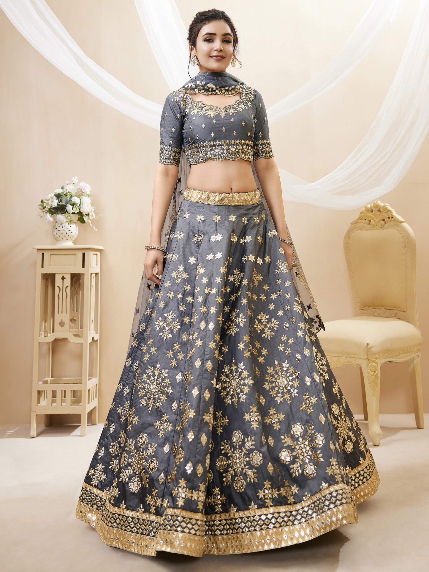 Jyoti Fashion Women's Grey Art Silk Sequins with Foil & Zari Embroidered Lehenga Choli & Dupatta | Swadesiicart