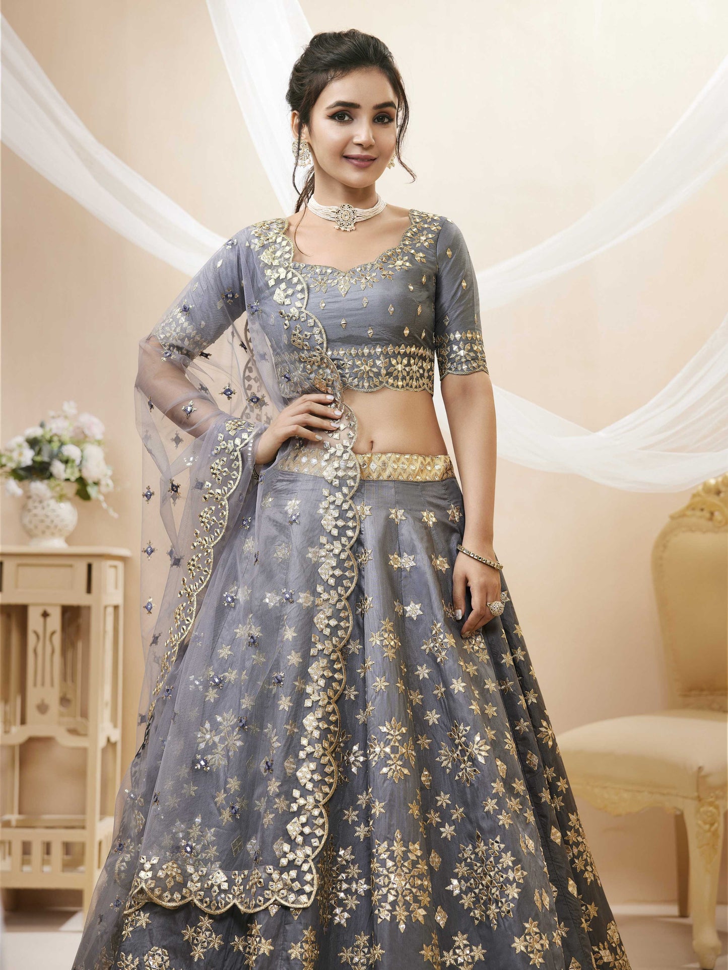 Jyoti Fashion Women's Grey Art Silk Sequins with Foil & Zari Embroidered Lehenga Choli & Dupatta | Swadesiicart