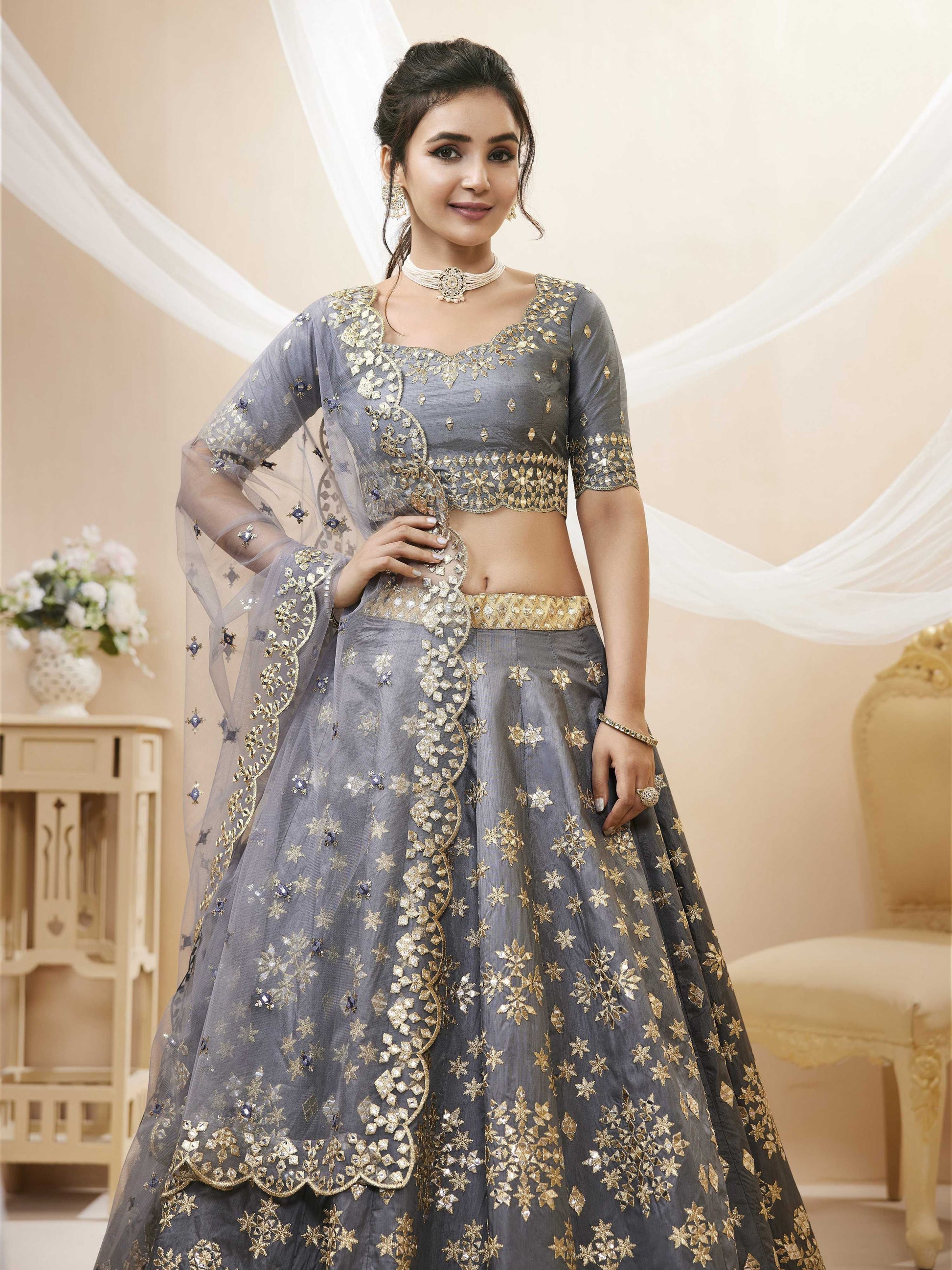 Jyoti Fashion Women's Grey Art Silk Sequins with Foil & Zari Embroidered Lehenga Choli & Dupatta | Swadesiicart