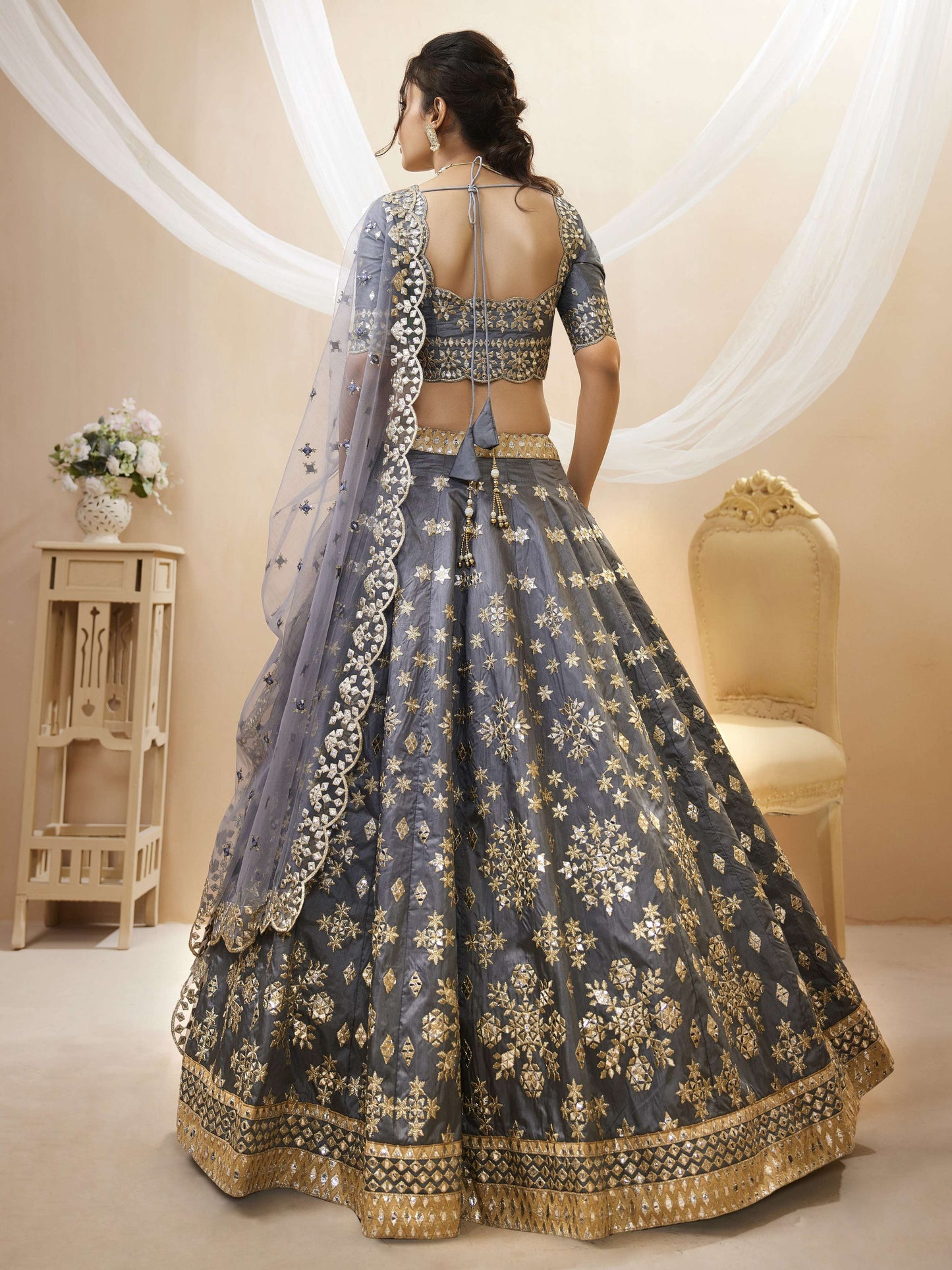 Jyoti Fashion Women's Grey Art Silk Sequins with Foil & Zari Embroidered Lehenga Choli & Dupatta | Swadesiicart