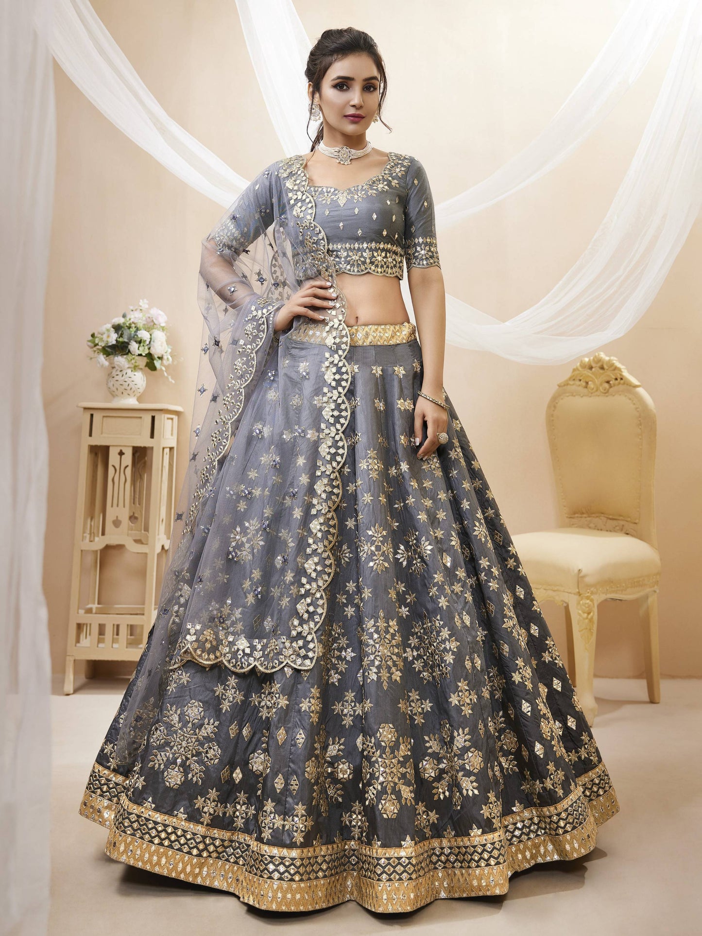 Jyoti Fashion Women's Grey Art Silk Sequins with Foil & Zari Embroidered Lehenga Choli & Dupatta | Swadesiicart