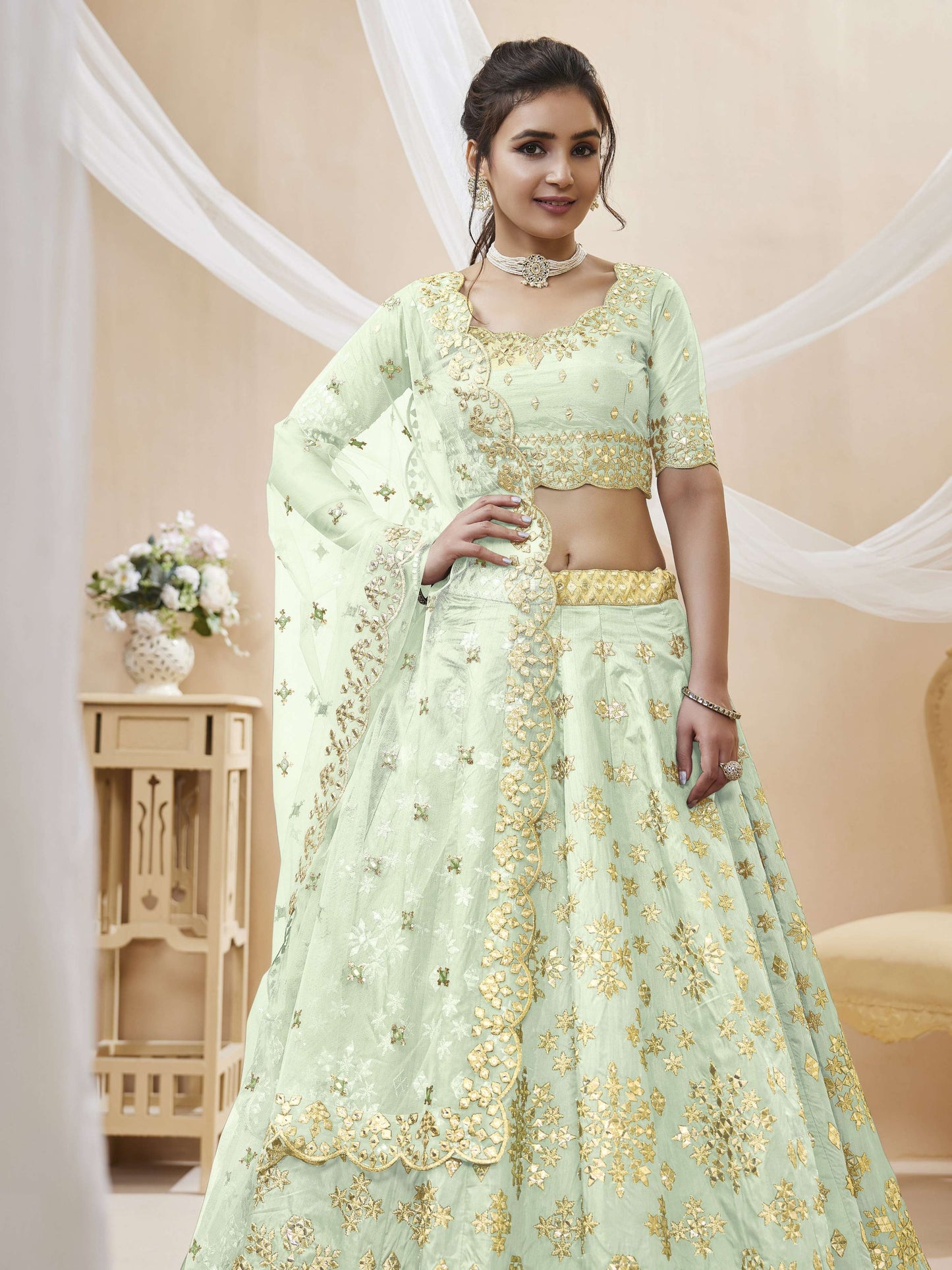 Jyoti Fashion Women's Pista Art Silk Sequins with Foil & Zari Embroidered Lehenga Choli & Dupatta | Swadesiicart