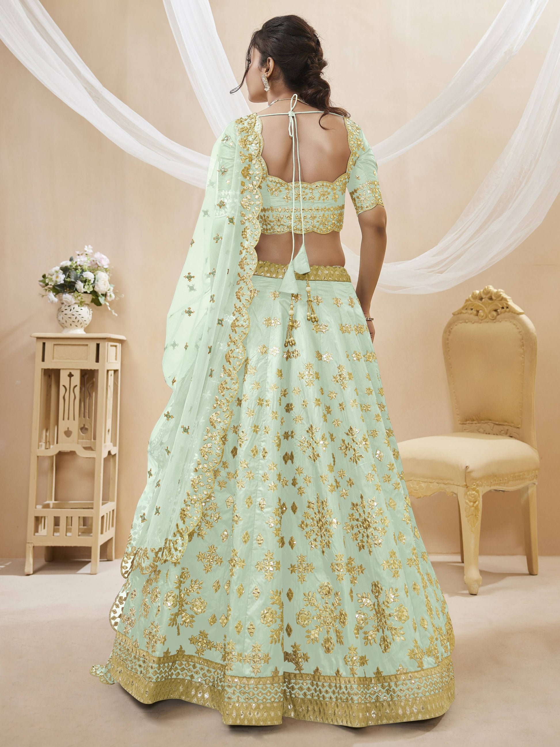 Jyoti Fashion Women's Pista Art Silk Sequins with Foil & Zari Embroidered Lehenga Choli & Dupatta | Swadesiicart