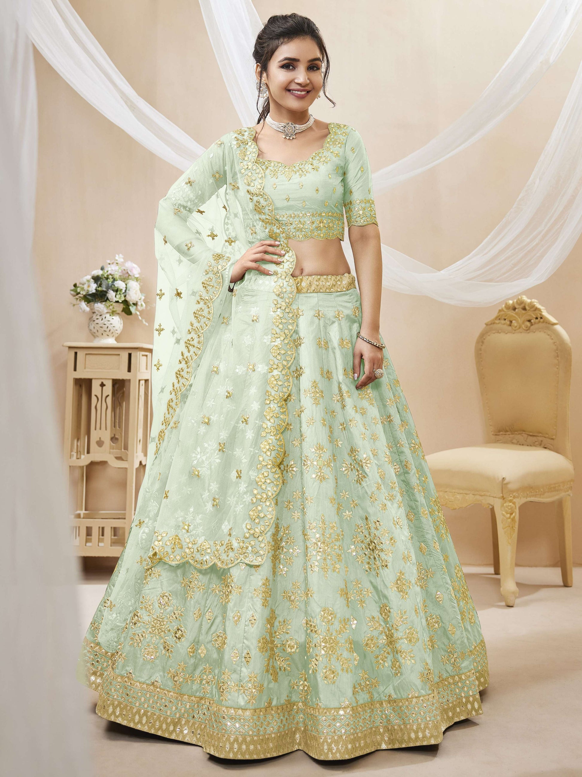 Jyoti Fashion Women's Pista Art Silk Sequins with Foil & Zari Embroidered Lehenga Choli & Dupatta | Swadesiicart