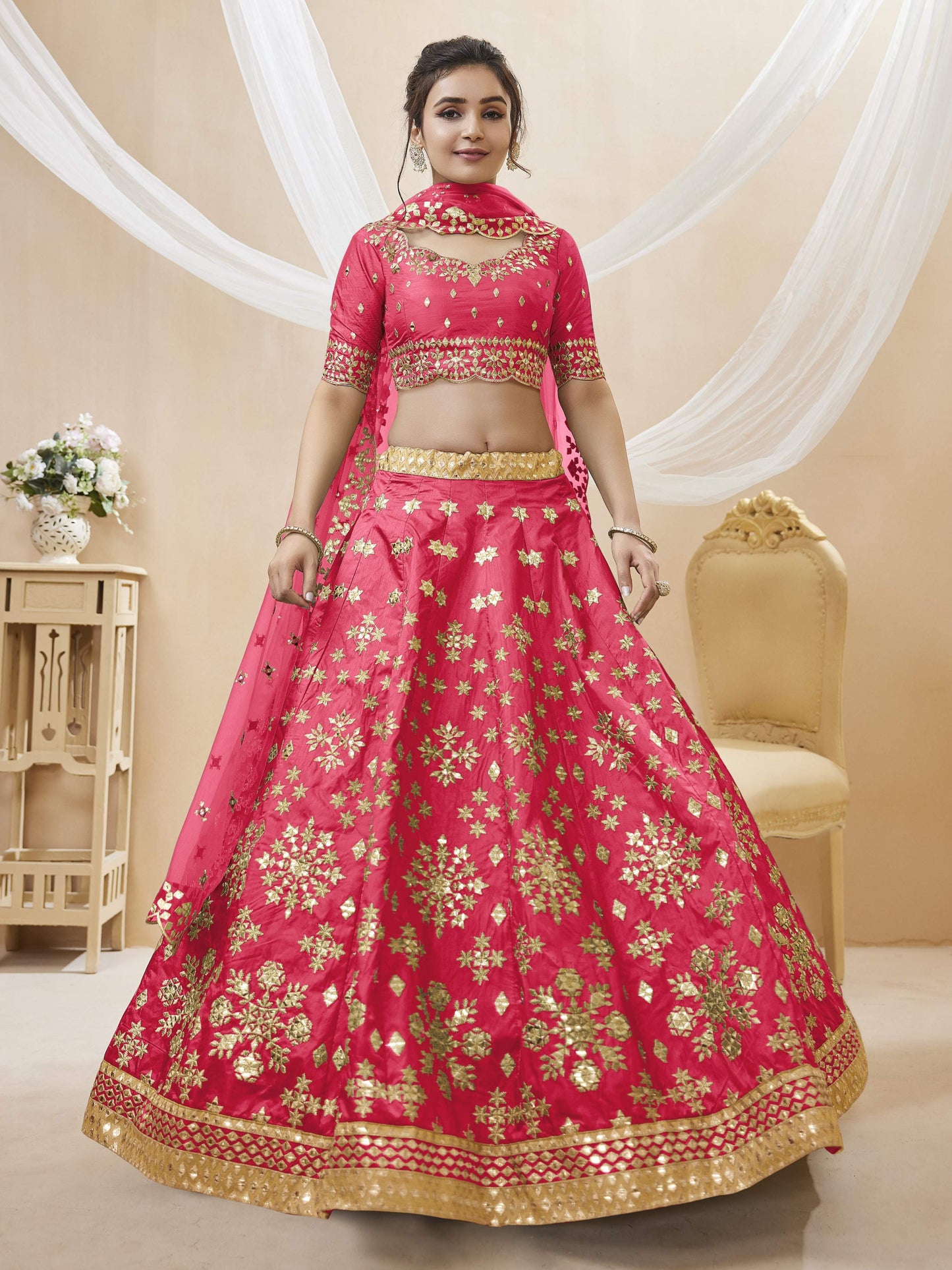 Jyoti Fashion Women's Pink Art Silk Sequins with Foil & Zari Embroidered Lehenga Choli & Dupatta | Swadesiicart