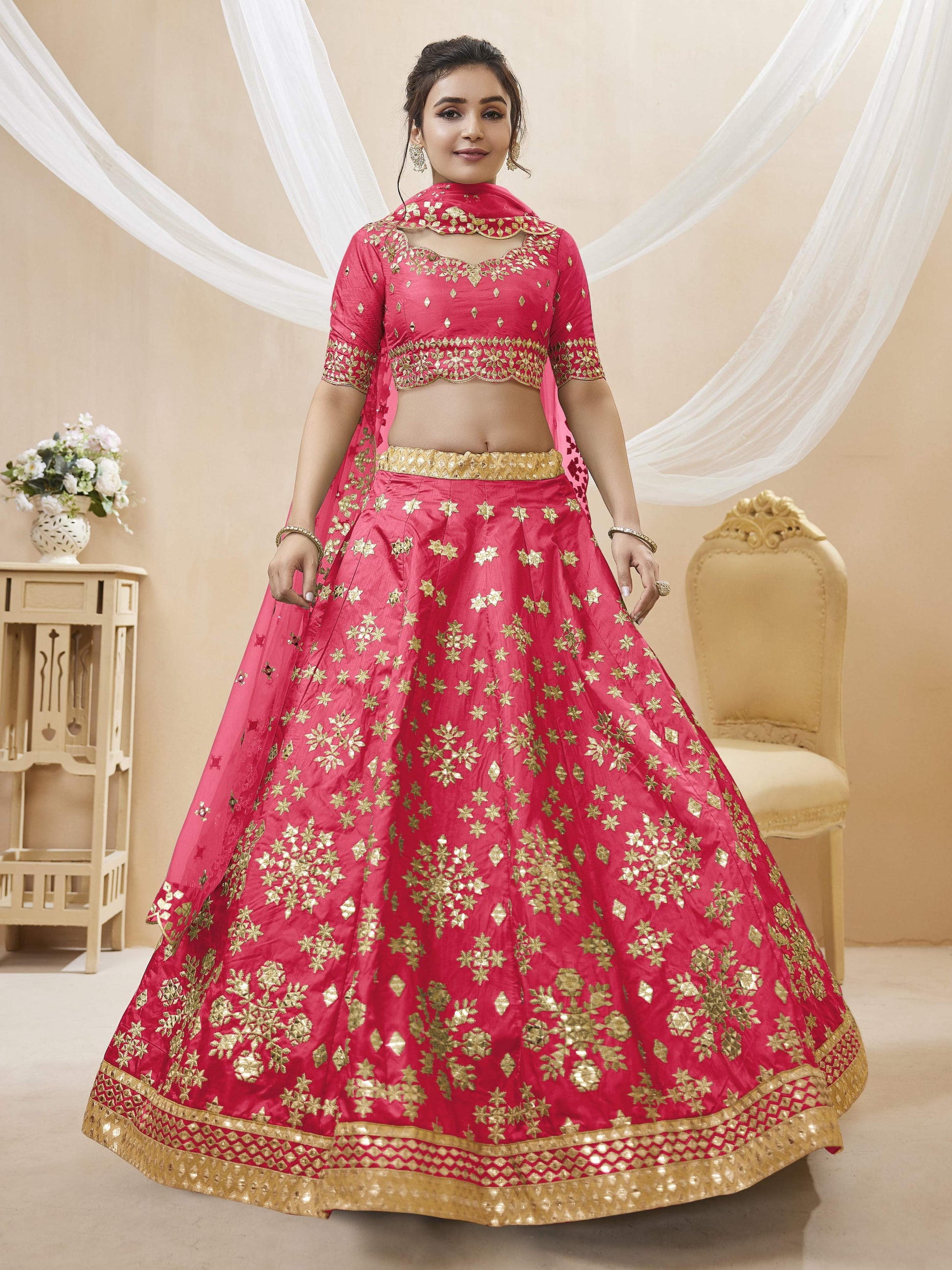 Jyoti Fashion Women's Pink Art Silk Sequins with Foil & Zari Embroidered Lehenga Choli & Dupatta | Swadesiicart