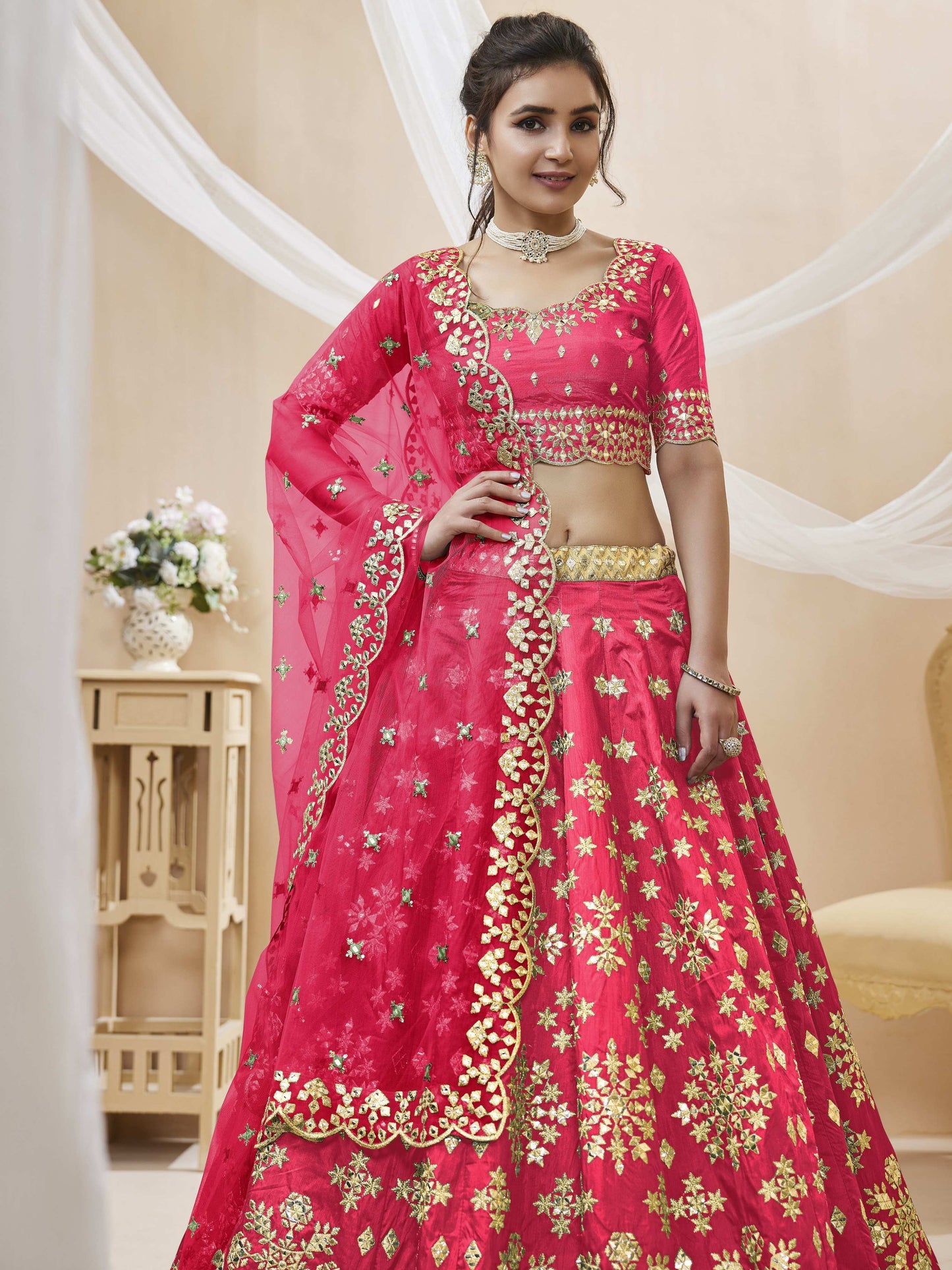 Jyoti Fashion Women's Pink Art Silk Sequins with Foil & Zari Embroidered Lehenga Choli & Dupatta | Swadesiicart