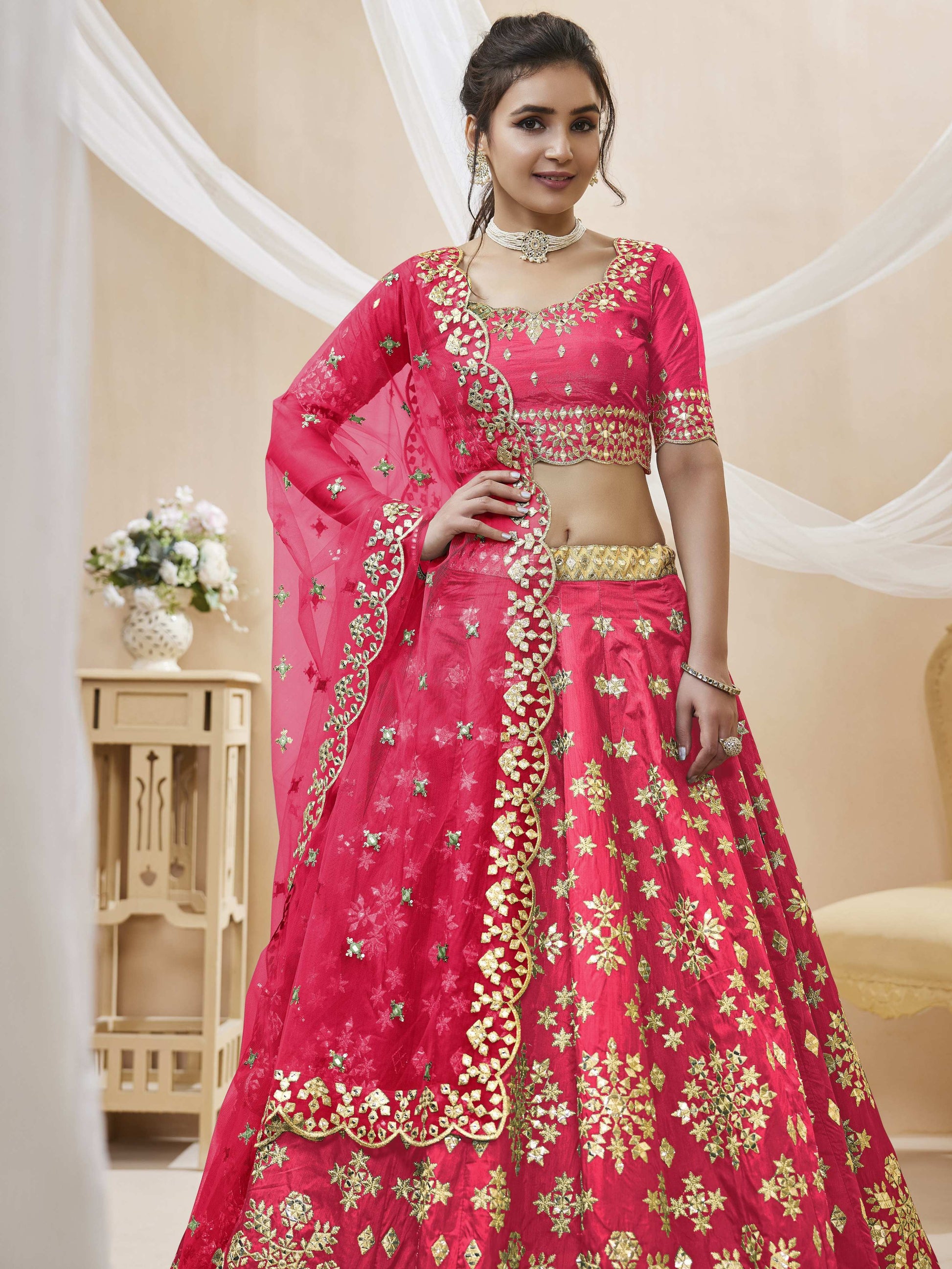 Jyoti Fashion Women's Pink Art Silk Sequins with Foil & Zari Embroidered Lehenga Choli & Dupatta | Swadesiicart