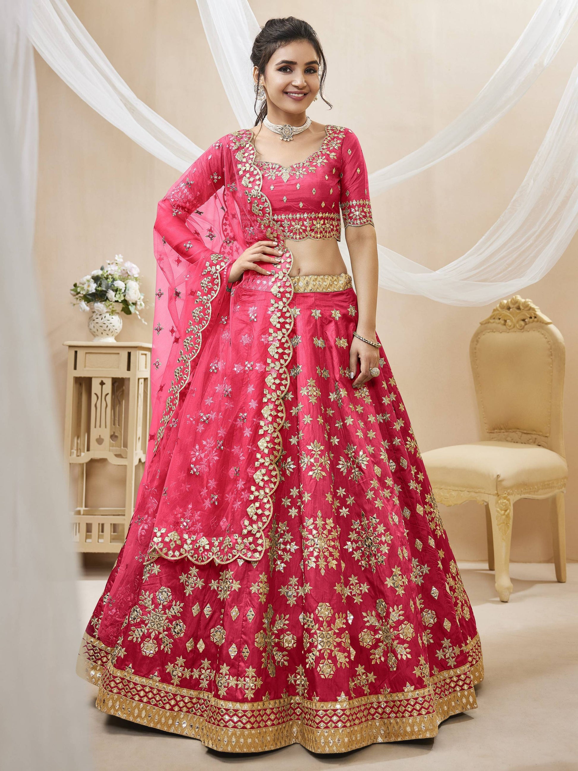 Jyoti Fashion Women's Pink Art Silk Sequins with Foil & Zari Embroidered Lehenga Choli & Dupatta | Swadesiicart