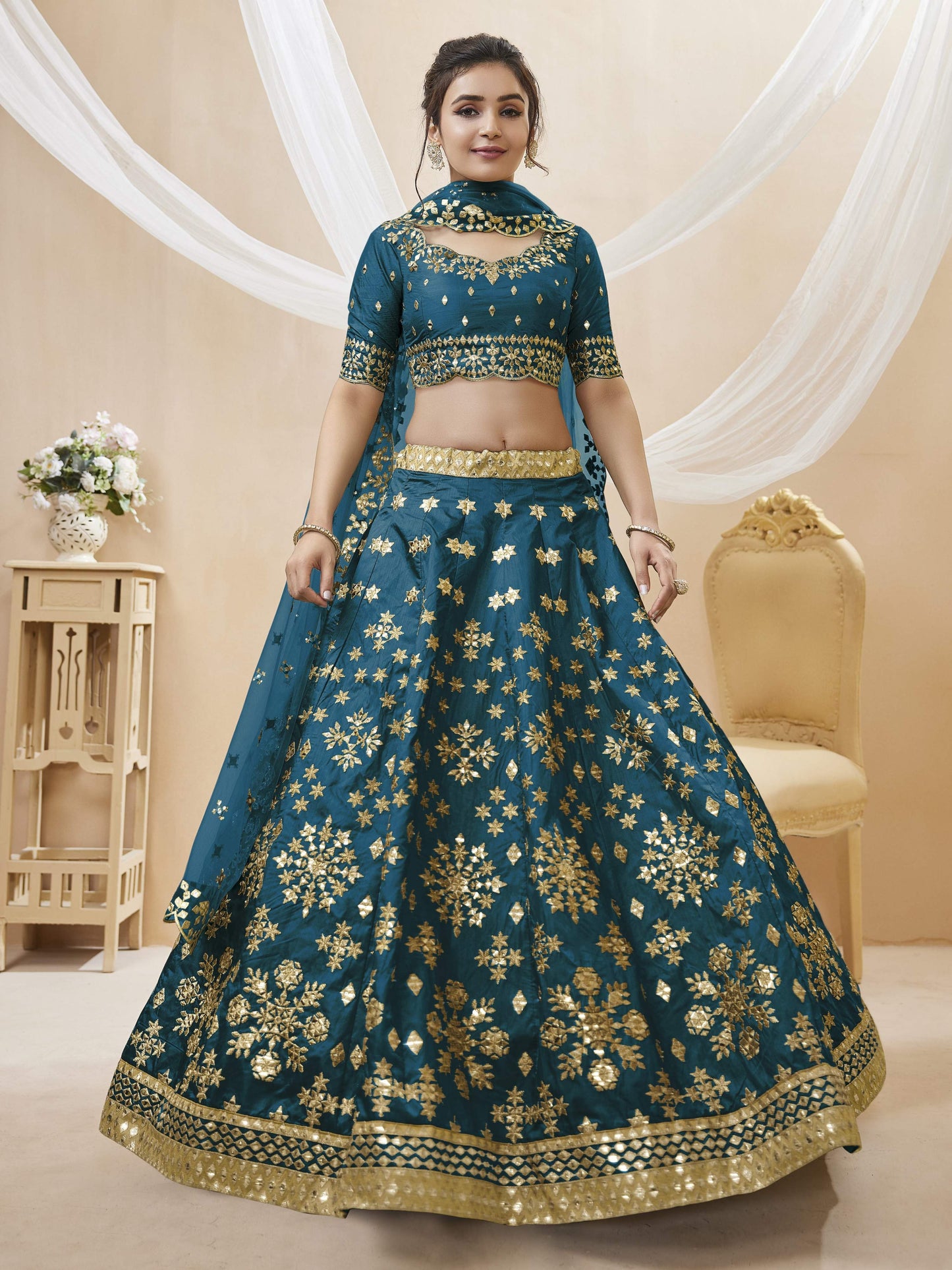 Jyoti Fashion Women's Blue Art Silk Sequins with Foil & Zari Embroidered Lehenga Choli & Dupatta | Swadesiicart
