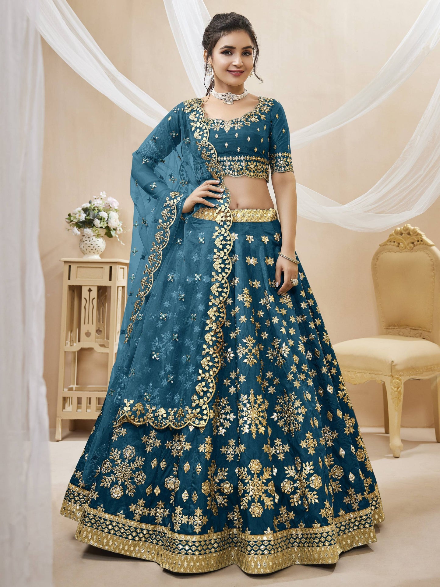 Jyoti Fashion Women's Blue Art Silk Sequins with Foil & Zari Embroidered Lehenga Choli & Dupatta | Swadesiicart