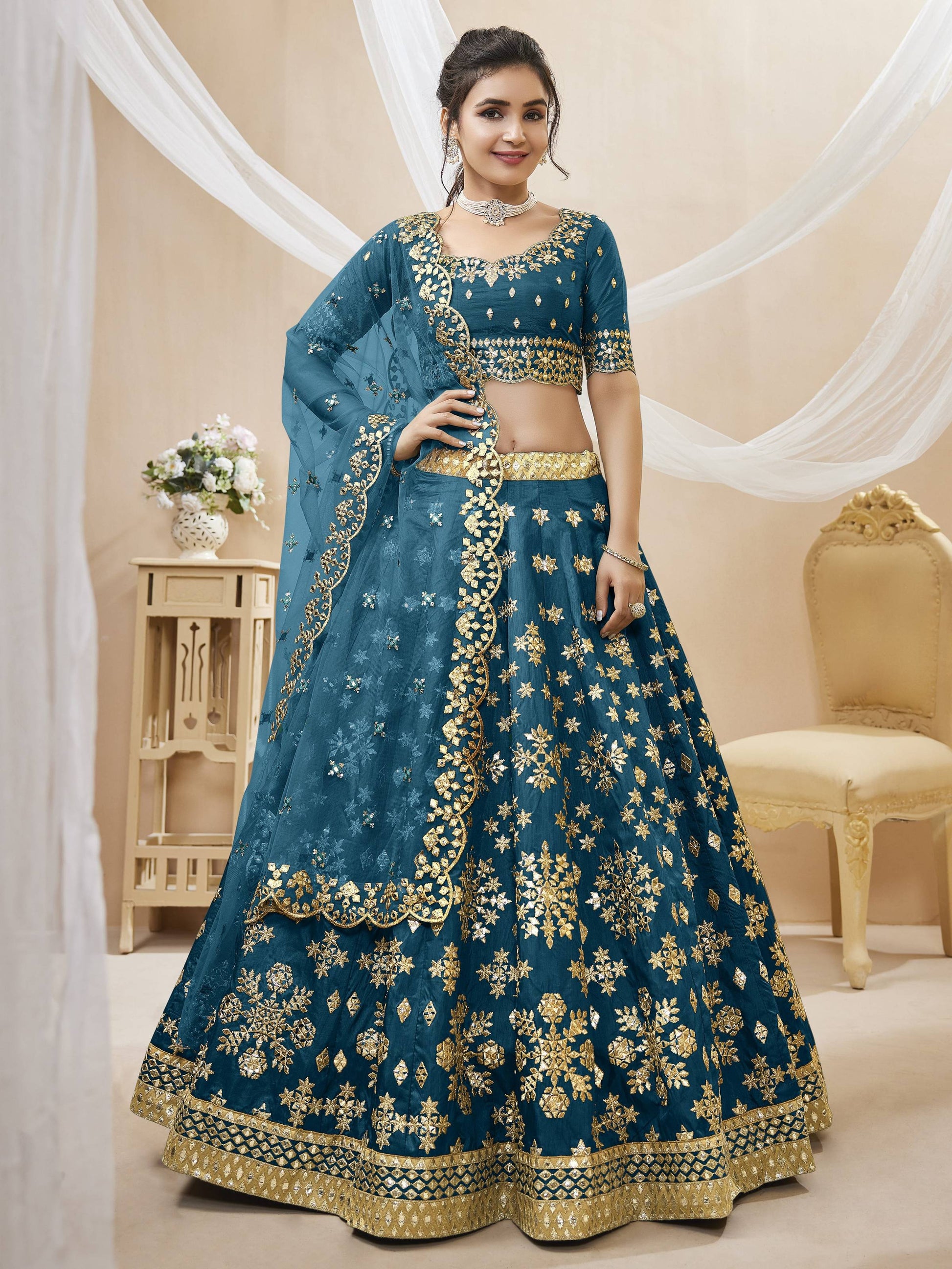 Jyoti Fashion Women's Blue Art Silk Sequins with Foil & Zari Embroidered Lehenga Choli & Dupatta | Swadesiicart
