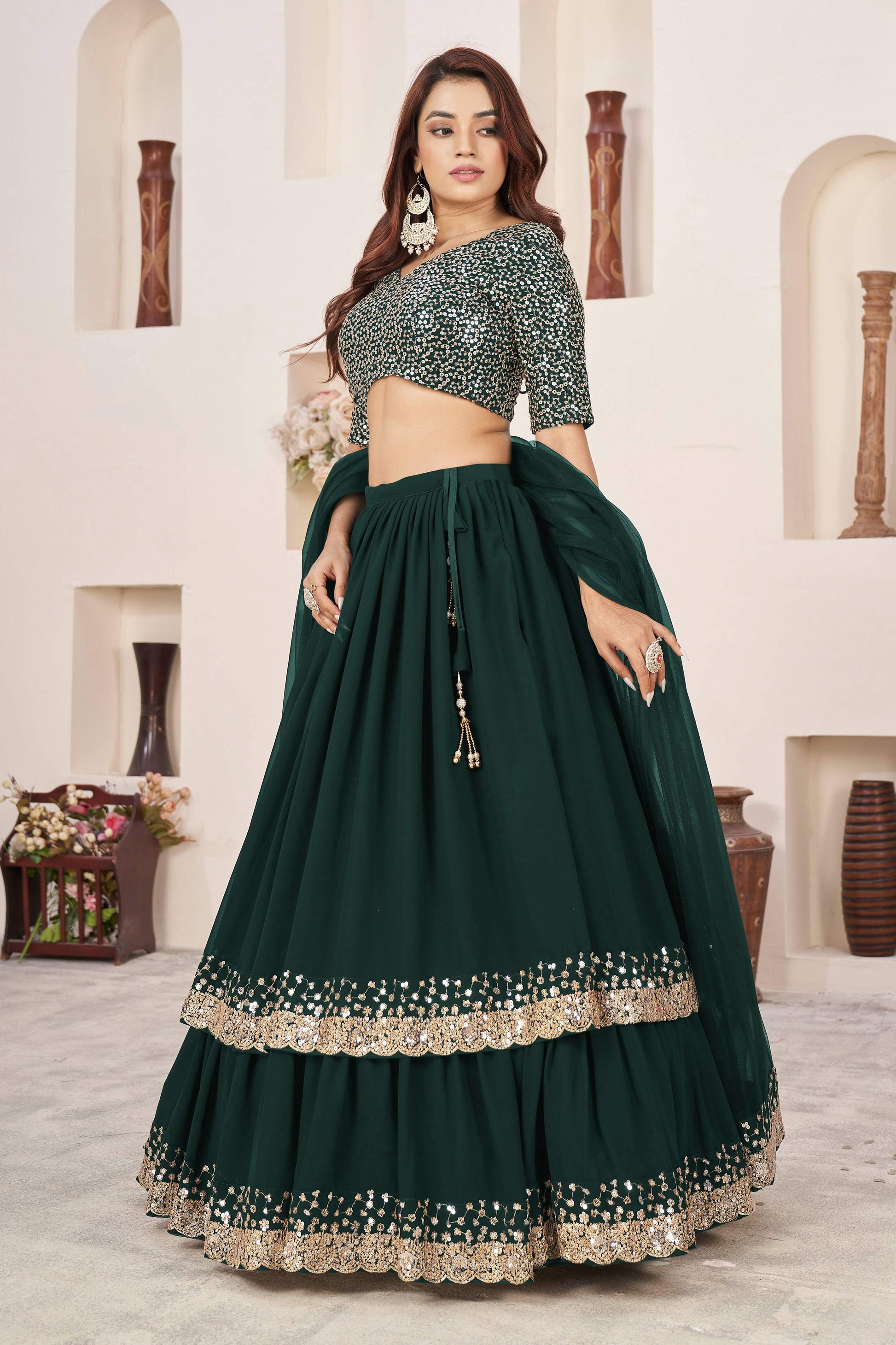 Jyoti Fashion Women's Green Georgette Sequins Zari Embroidered Lehenga Choli & Dupatta | Swadesiicart