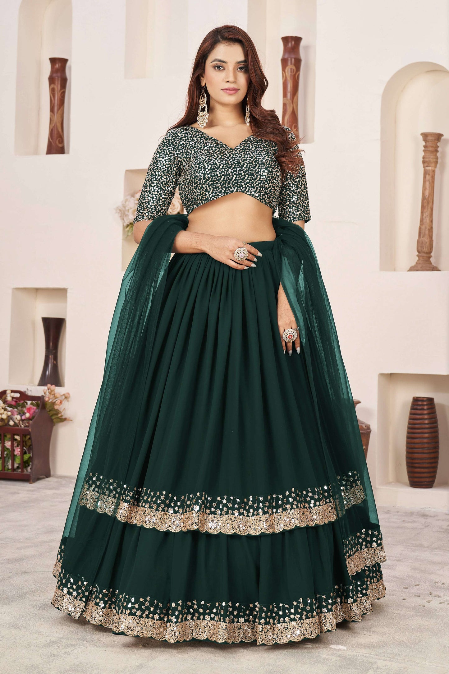 Jyoti Fashion Women's Green Georgette Sequins Zari Embroidered Lehenga Choli & Dupatta | Swadesiicart