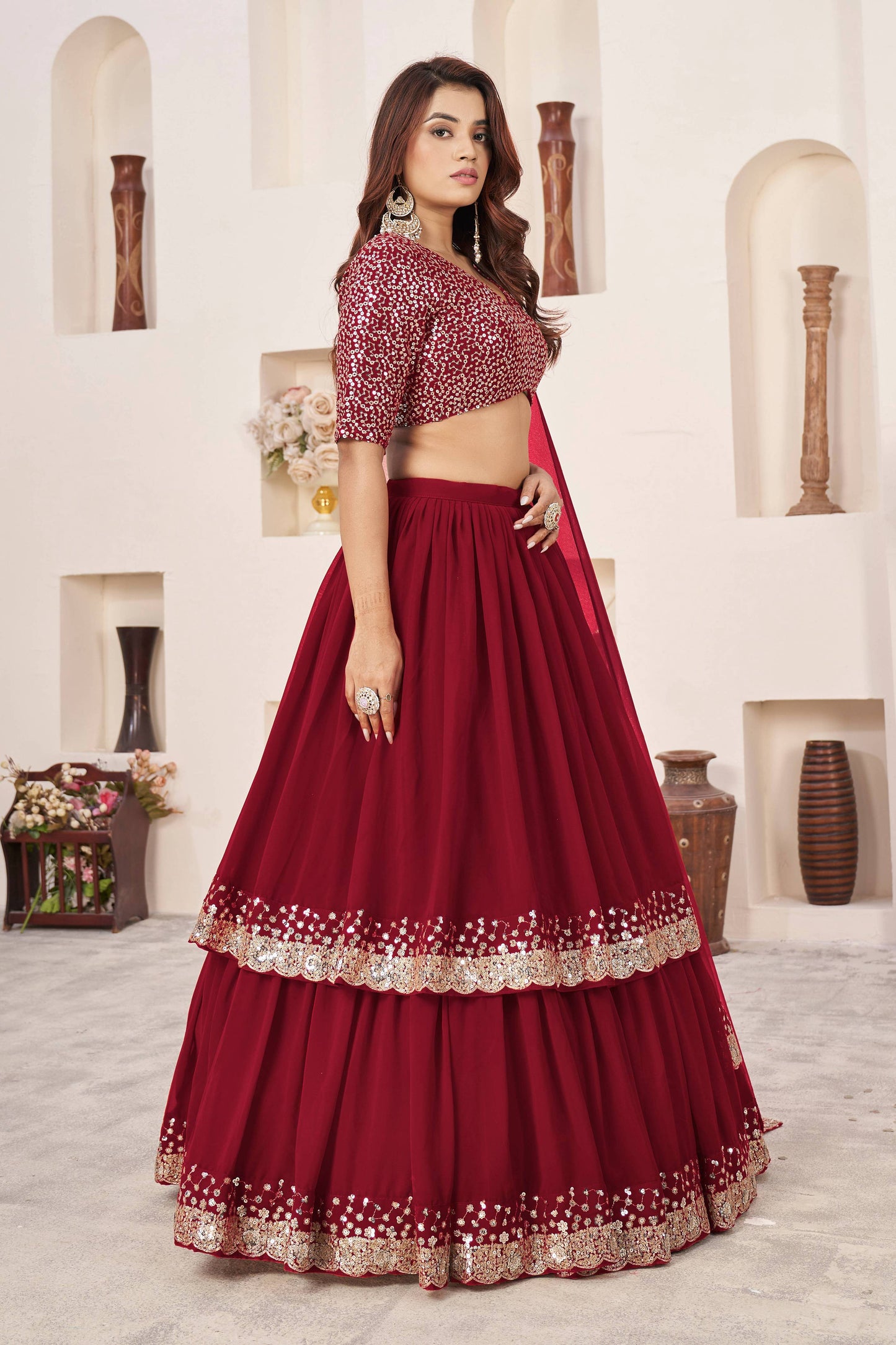 Jyoti Fashion Women's Red Georgette Sequins Zari Embroidered Lehenga Choli & Dupatta | Swadesiicart