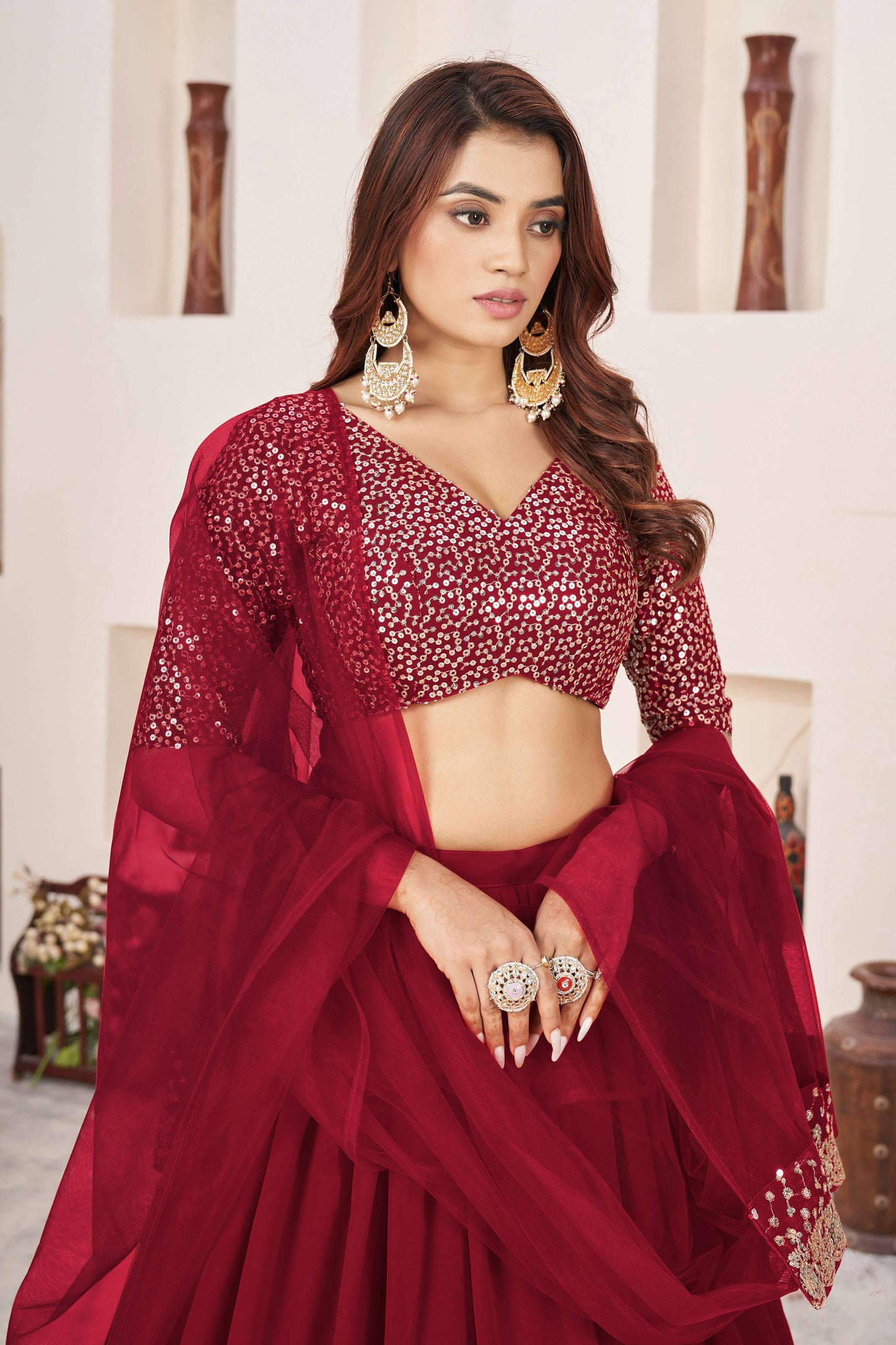 Jyoti Fashion Women's Red Georgette Sequins Zari Embroidered Lehenga Choli & Dupatta | Swadesiicart