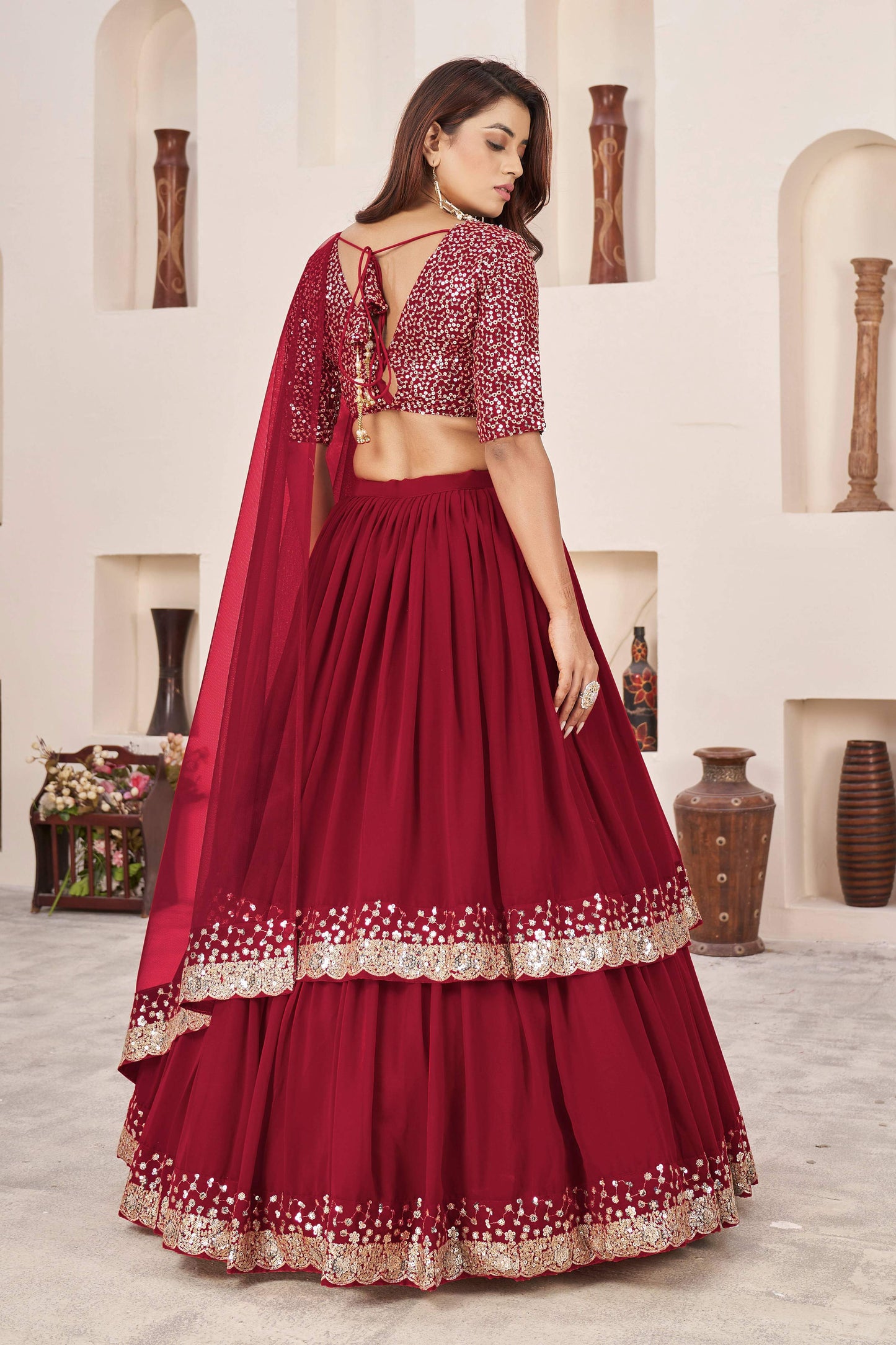 Jyoti Fashion Women's Red Georgette Sequins Zari Embroidered Lehenga Choli & Dupatta | Swadesiicart