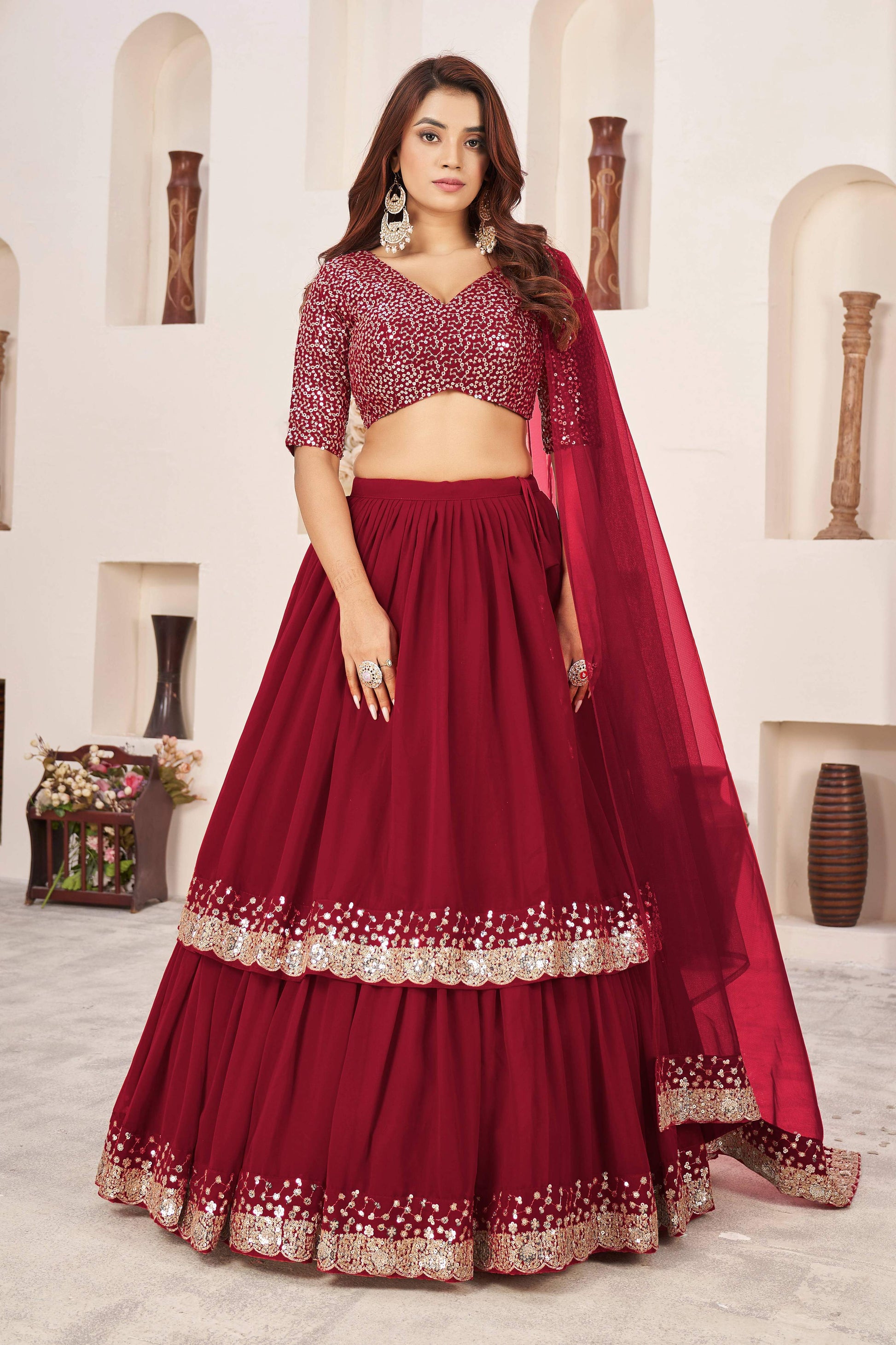 Jyoti Fashion Women's Red Georgette Sequins Zari Embroidered Lehenga Choli & Dupatta | Swadesiicart