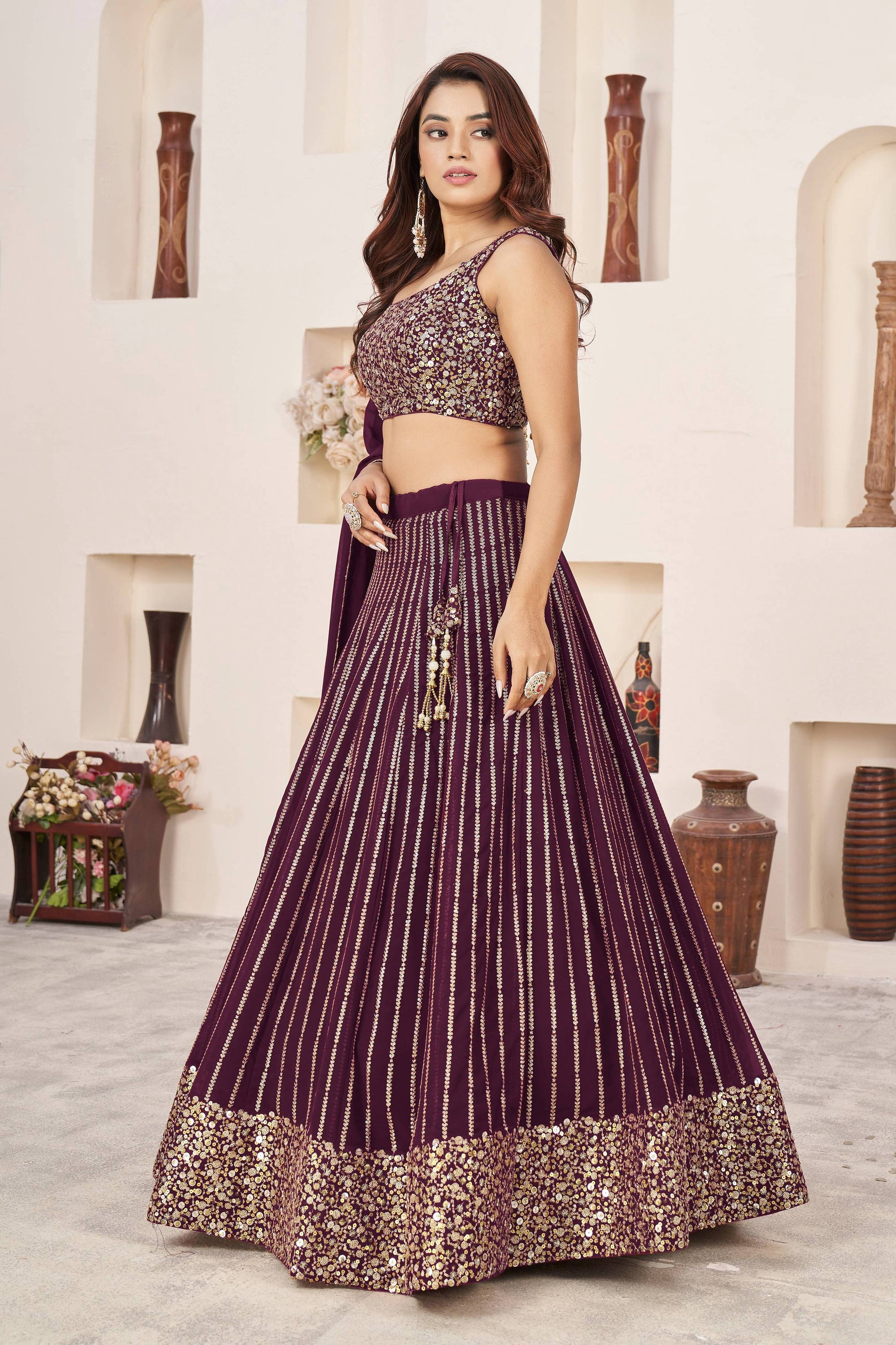 Jyoti Fashion Women's Wine Georgette Sequins Zari Embroidered Lehenga Choli & Dupatta | Swadesiicart