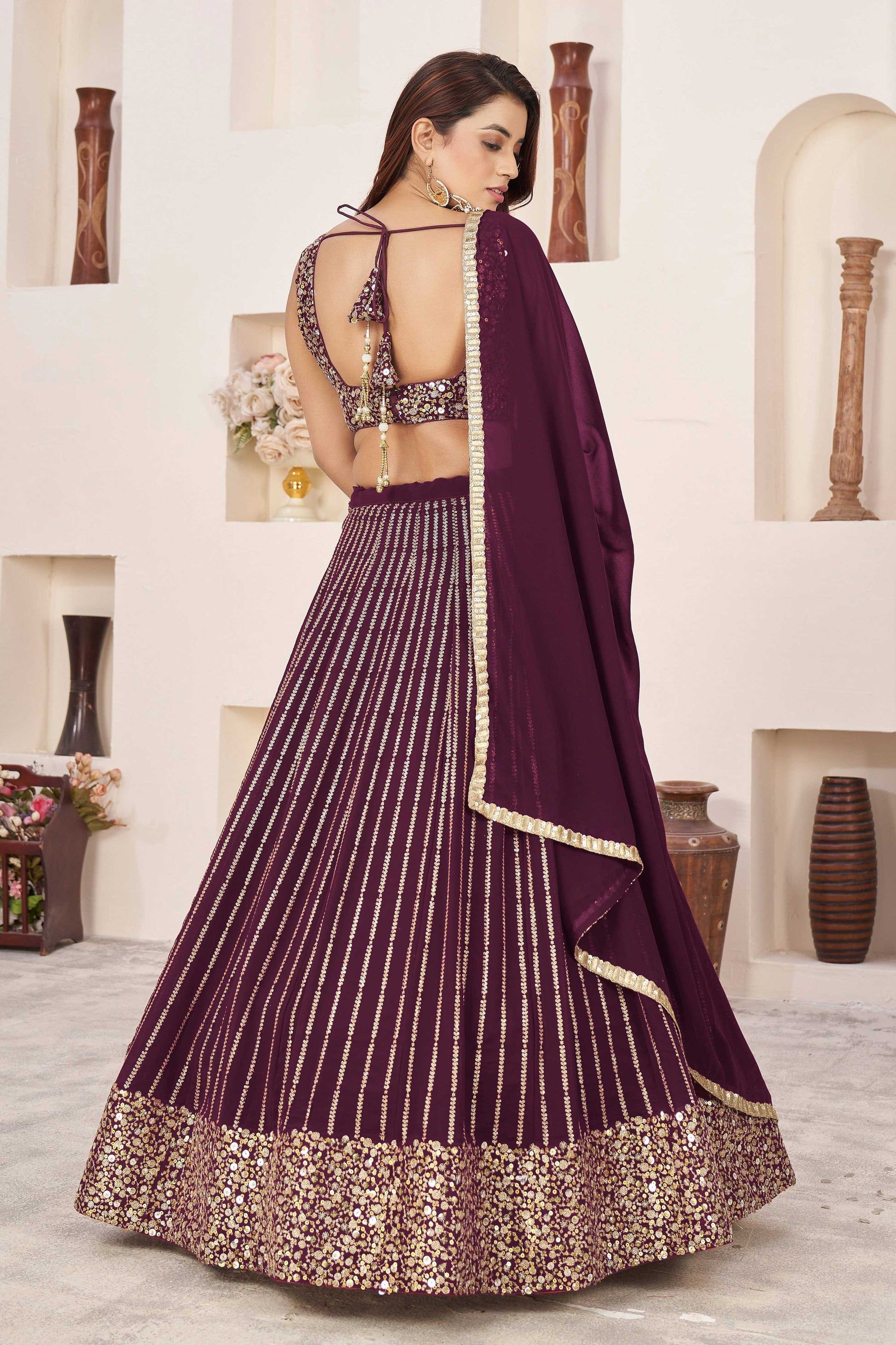 Jyoti Fashion Women's Wine Georgette Sequins Zari Embroidered Lehenga Choli & Dupatta | Swadesiicart