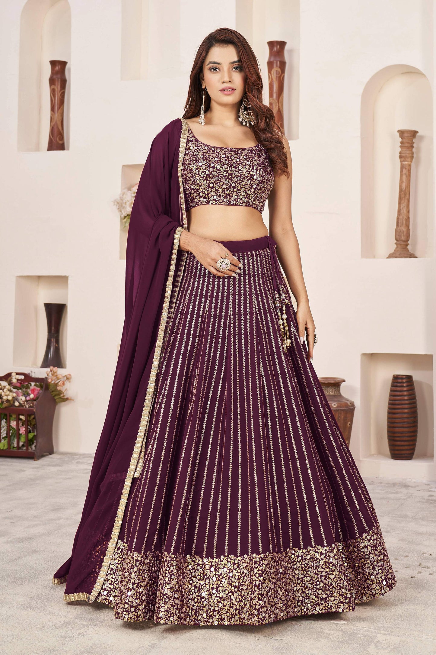 Jyoti Fashion Women's Wine Georgette Sequins Zari Embroidered Lehenga Choli & Dupatta | Swadesiicart