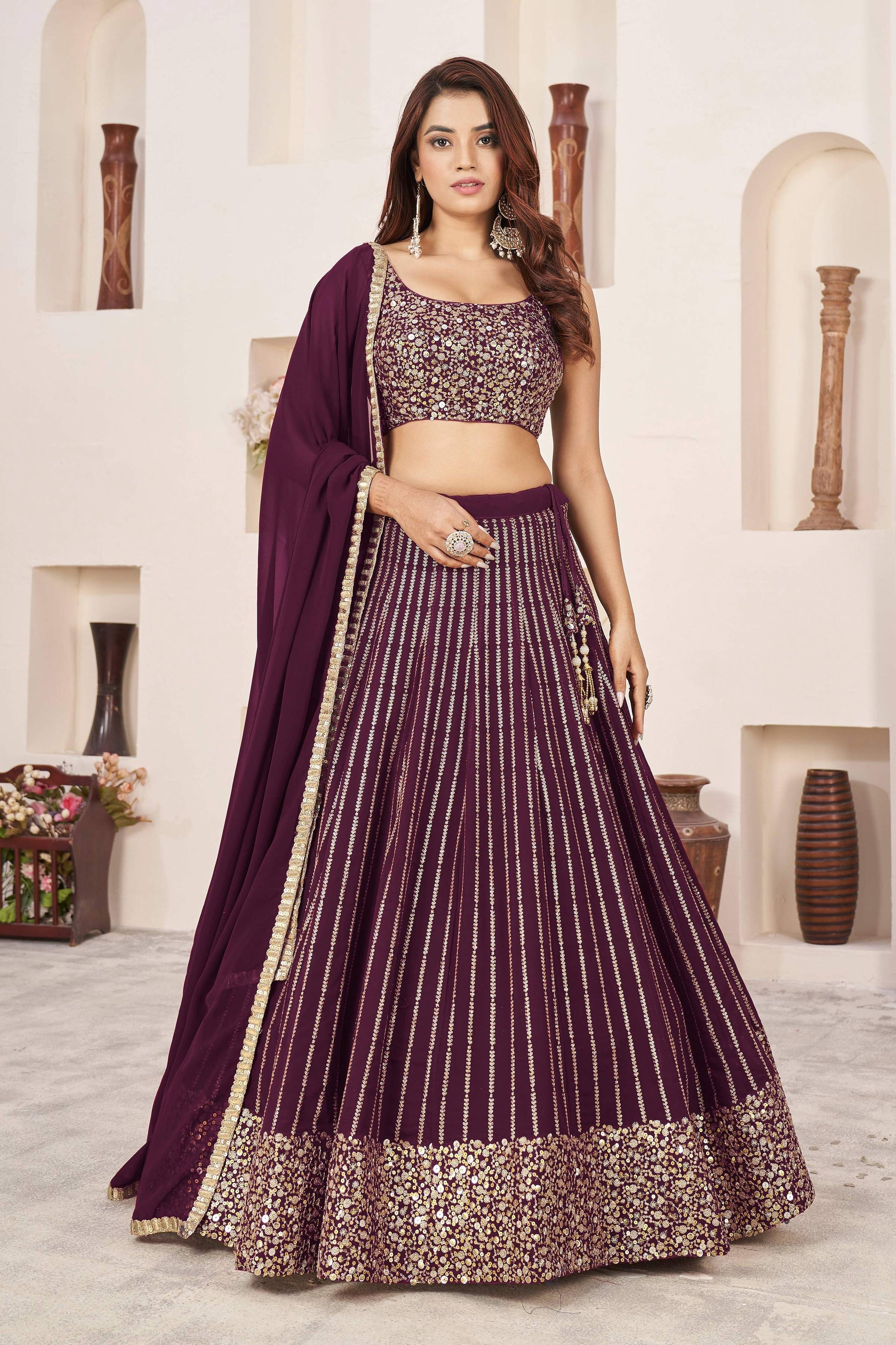 Jyoti Fashion Women's Wine Georgette Sequins Zari Embroidered Lehenga Choli & Dupatta | Swadesiicart