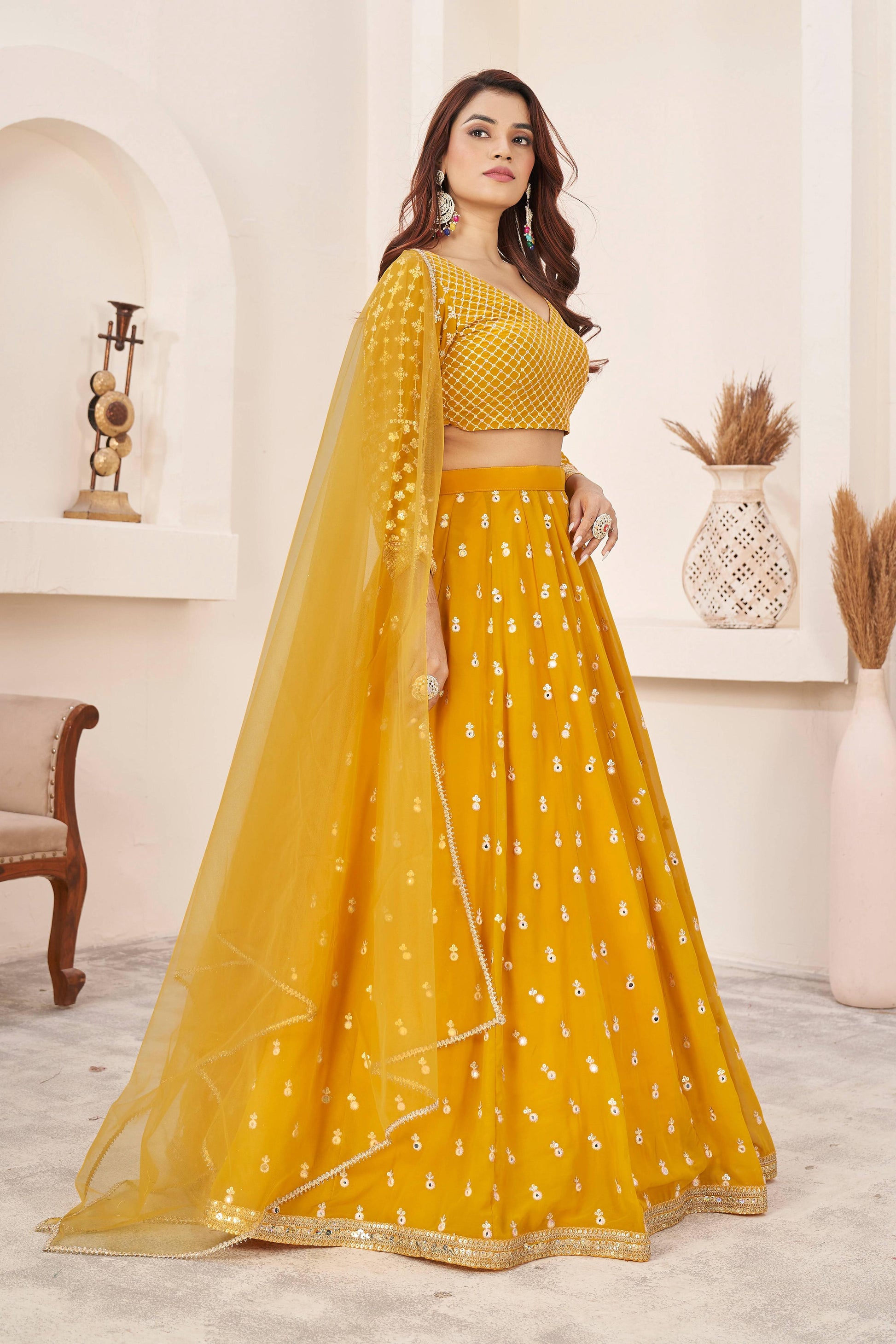 Jyoti Fashion Women's Yellow Georgette Multi Colored Thread with Sequins Embroidered Lehenga Choli & Dupatta | Swadesiicart