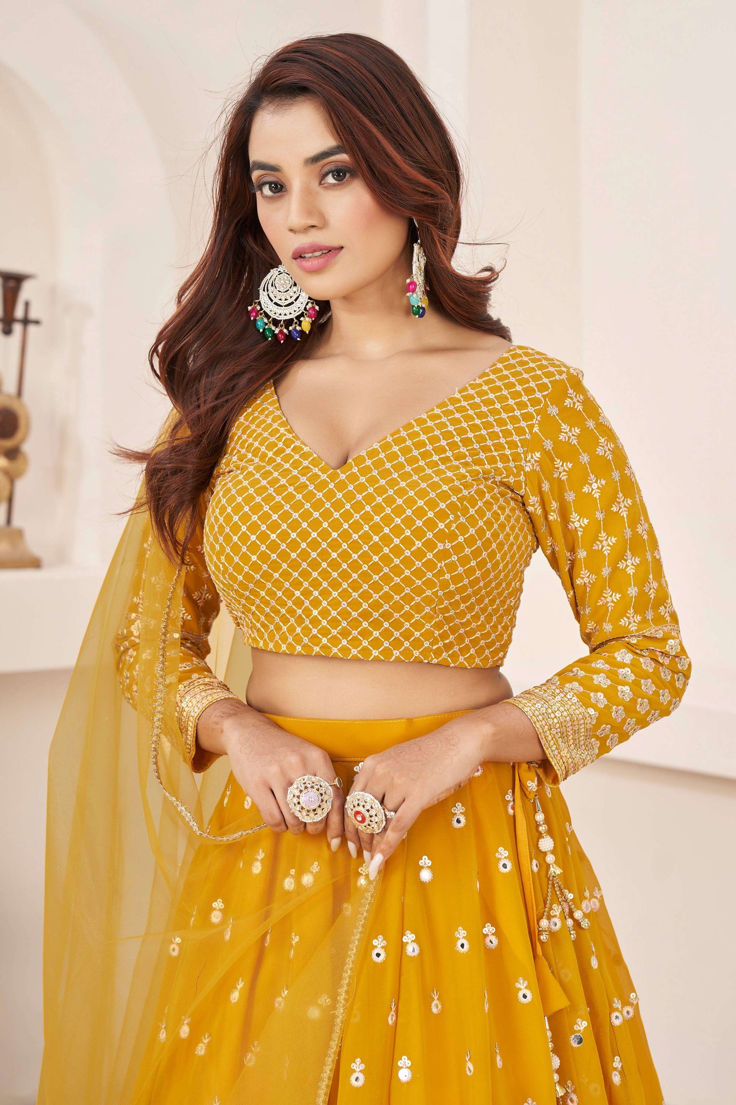 Jyoti Fashion Women's Yellow Georgette Multi Colored Thread with Sequins Embroidered Lehenga Choli & Dupatta | Swadesiicart