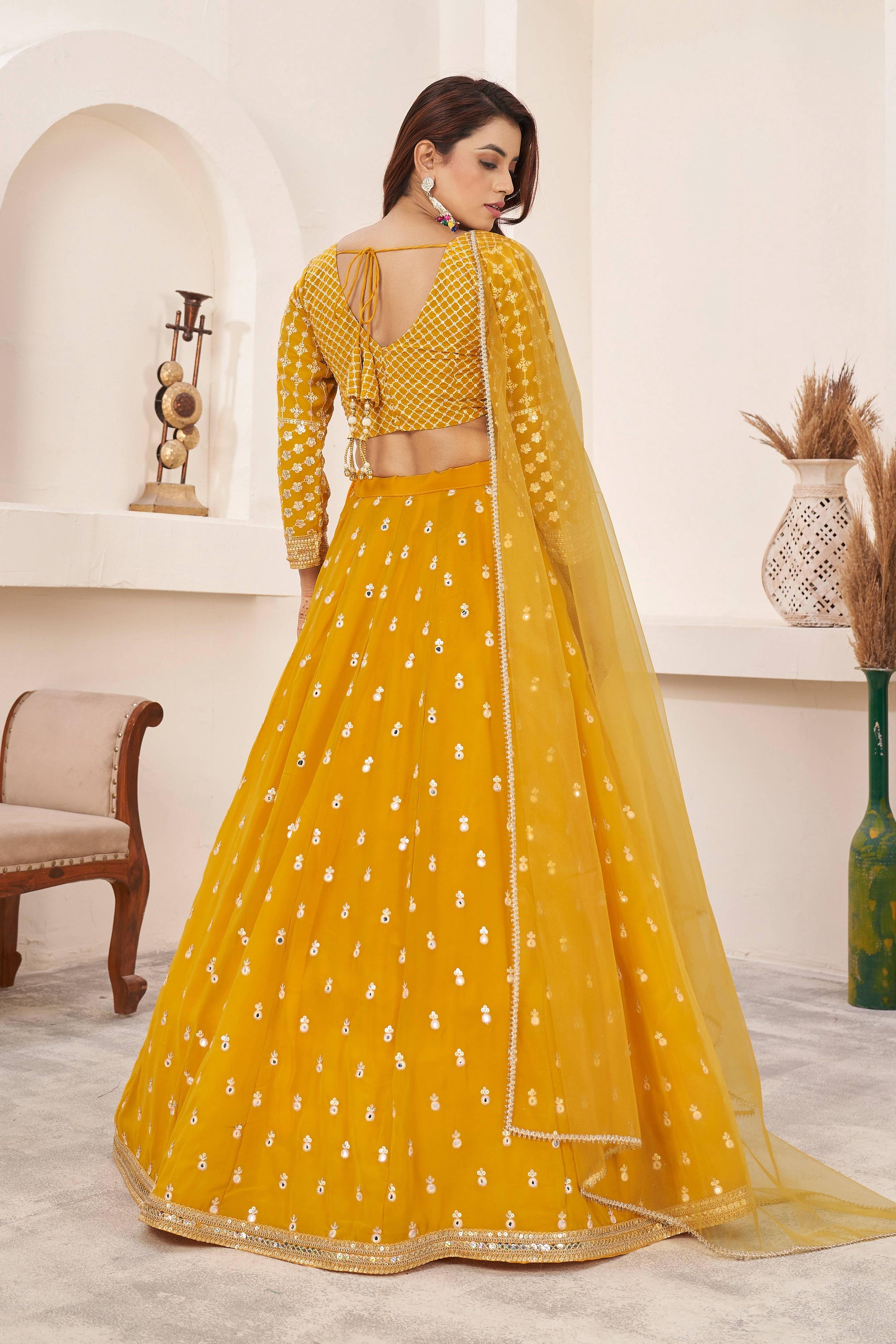 Jyoti Fashion Women's Yellow Georgette Multi Colored Thread with Sequins Embroidered Lehenga Choli & Dupatta | Swadesiicart