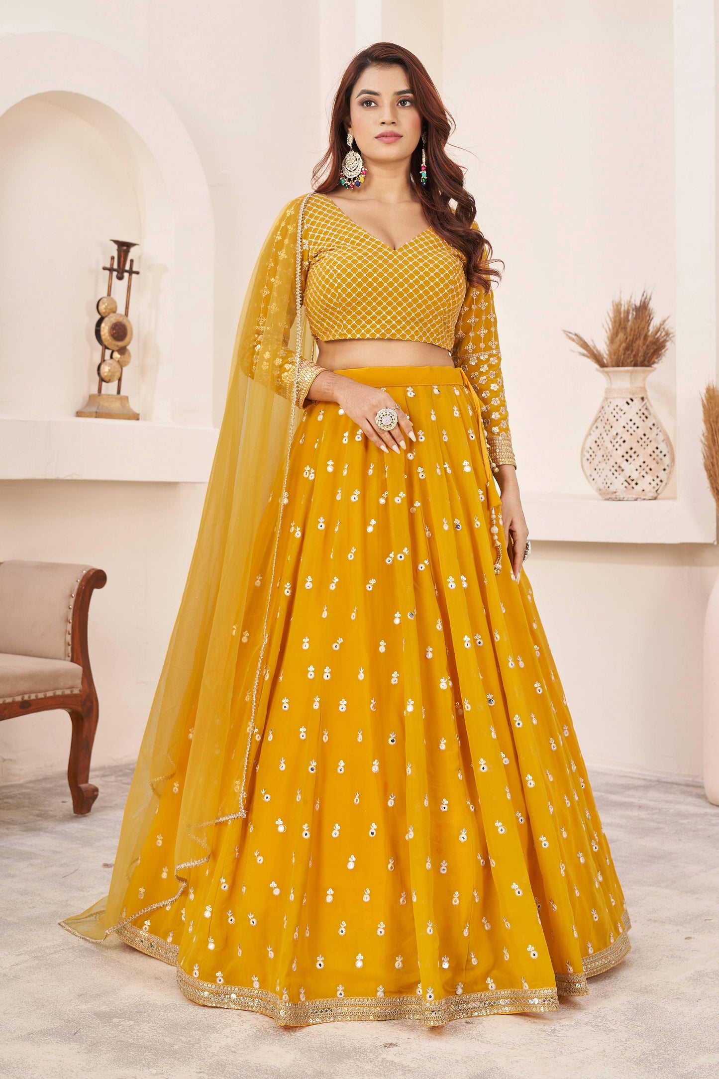 Jyoti Fashion Women's Yellow Georgette Multi Colored Thread with Sequins Embroidered Lehenga Choli & Dupatta | Swadesiicart
