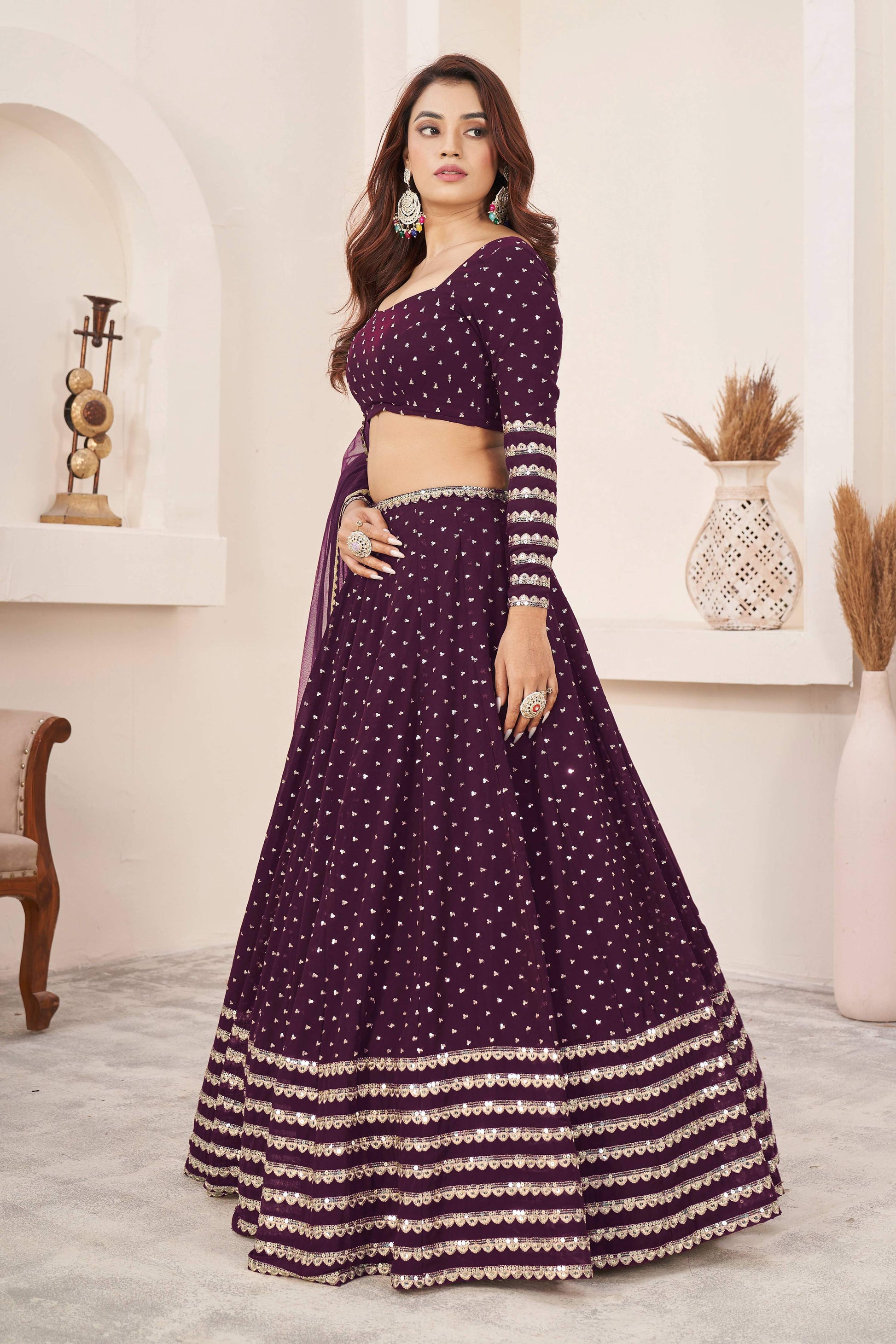 Jyoti Fashion Women's Wine Georgette Sequins Zari Embroidered Lehenga Choli & Dupatta | Swadesiicart
