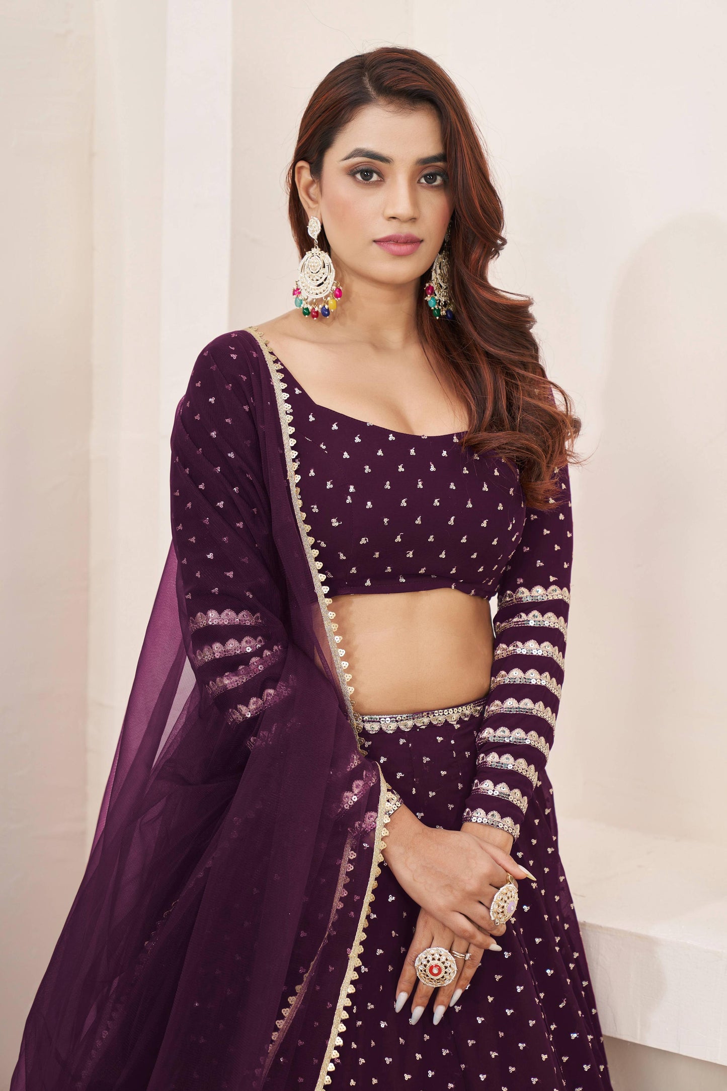 Jyoti Fashion Women's Wine Georgette Sequins Zari Embroidered Lehenga Choli & Dupatta | Swadesiicart