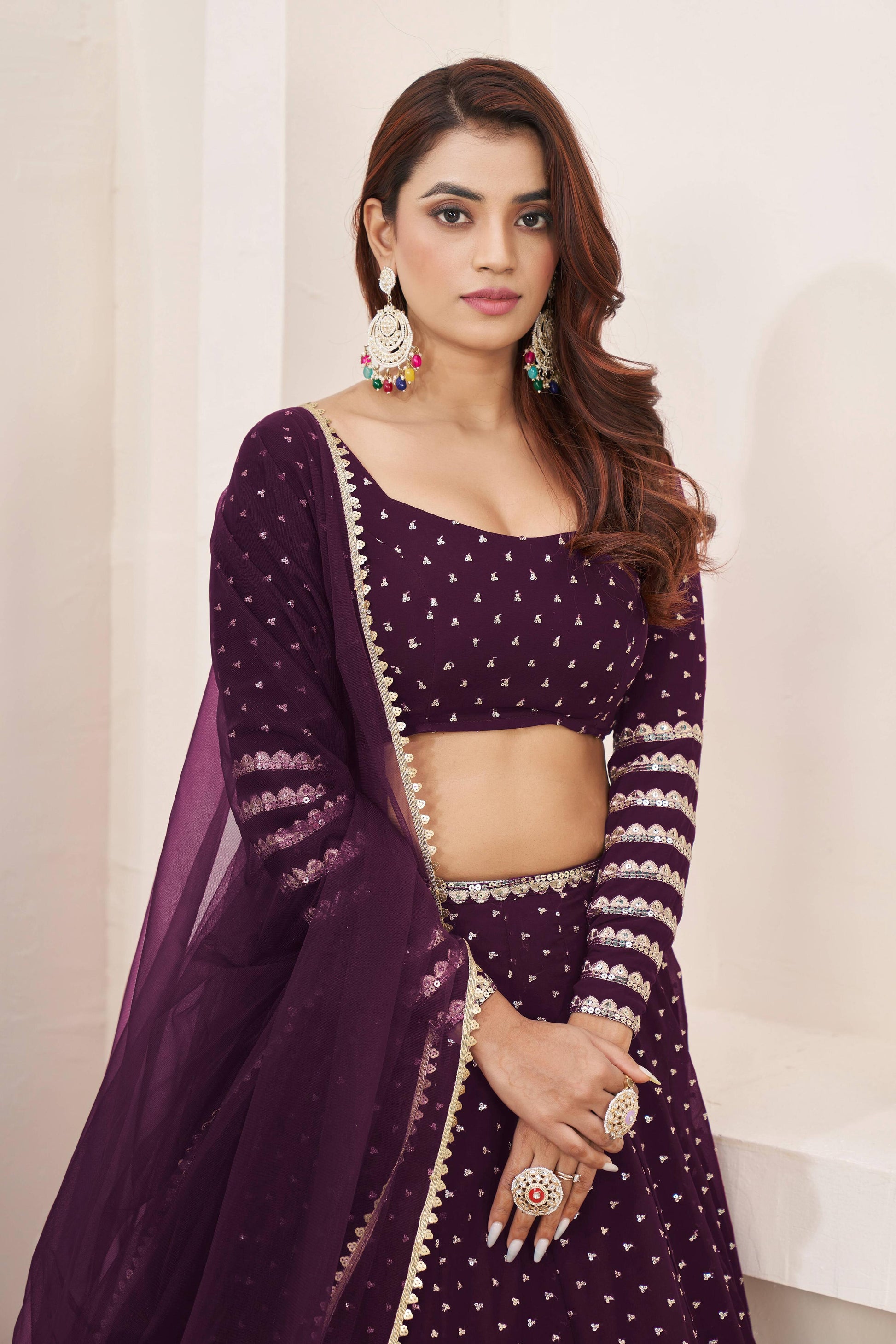 Jyoti Fashion Women's Wine Georgette Sequins Zari Embroidered Lehenga Choli & Dupatta | Swadesiicart