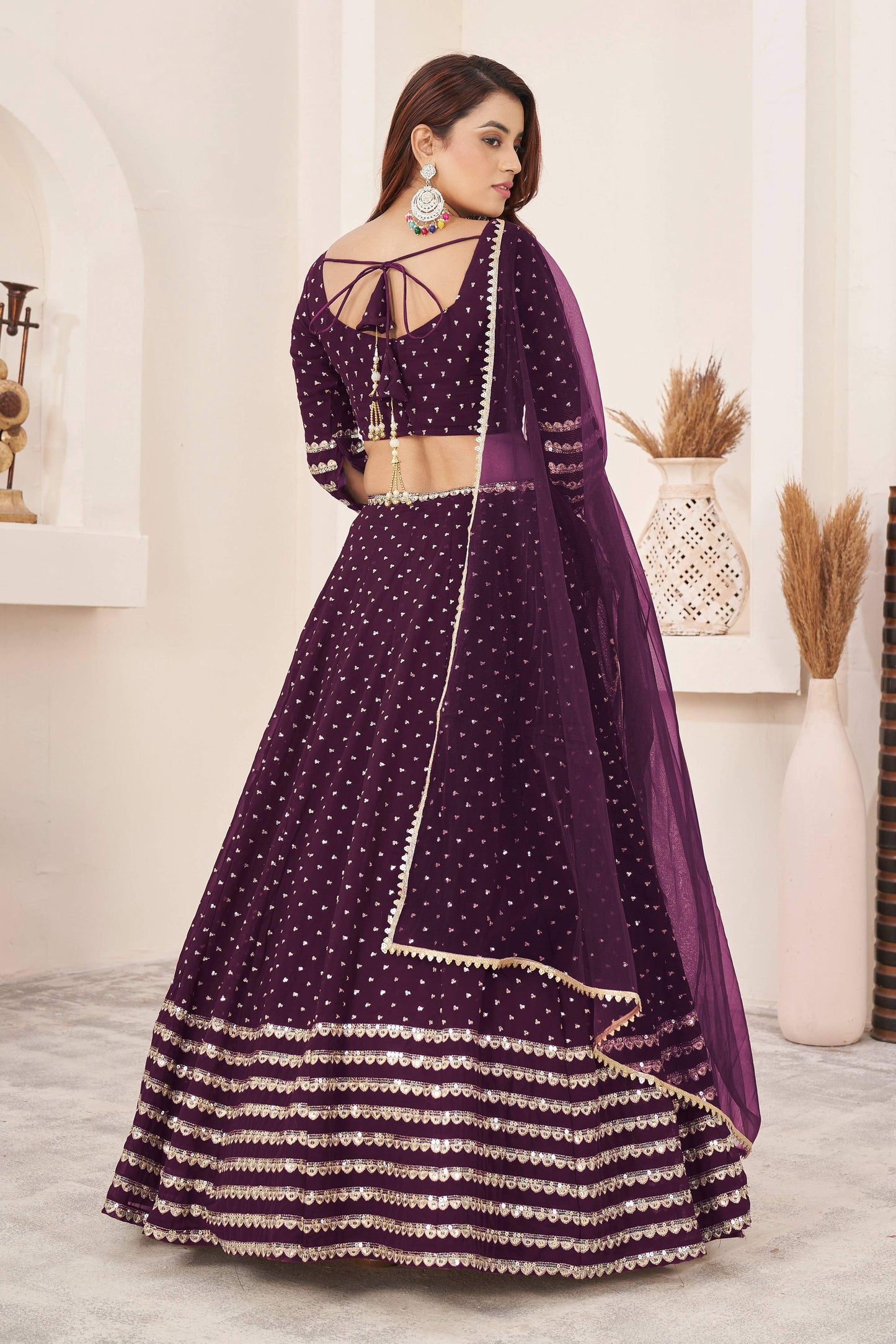 Jyoti Fashion Women's Wine Georgette Sequins Zari Embroidered Lehenga Choli & Dupatta | Swadesiicart