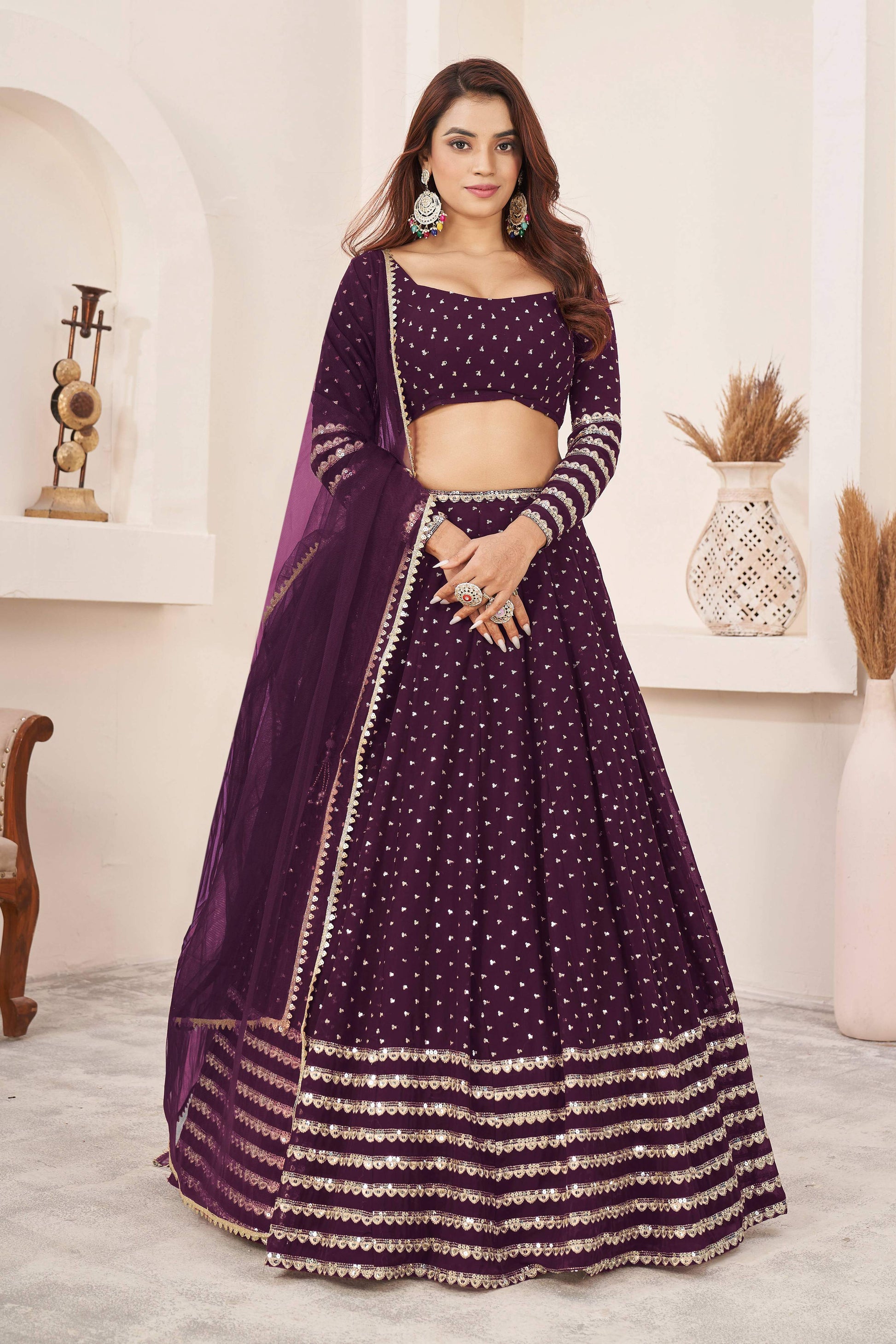 Jyoti Fashion Women's Wine Georgette Sequins Zari Embroidered Lehenga Choli & Dupatta | Swadesiicart